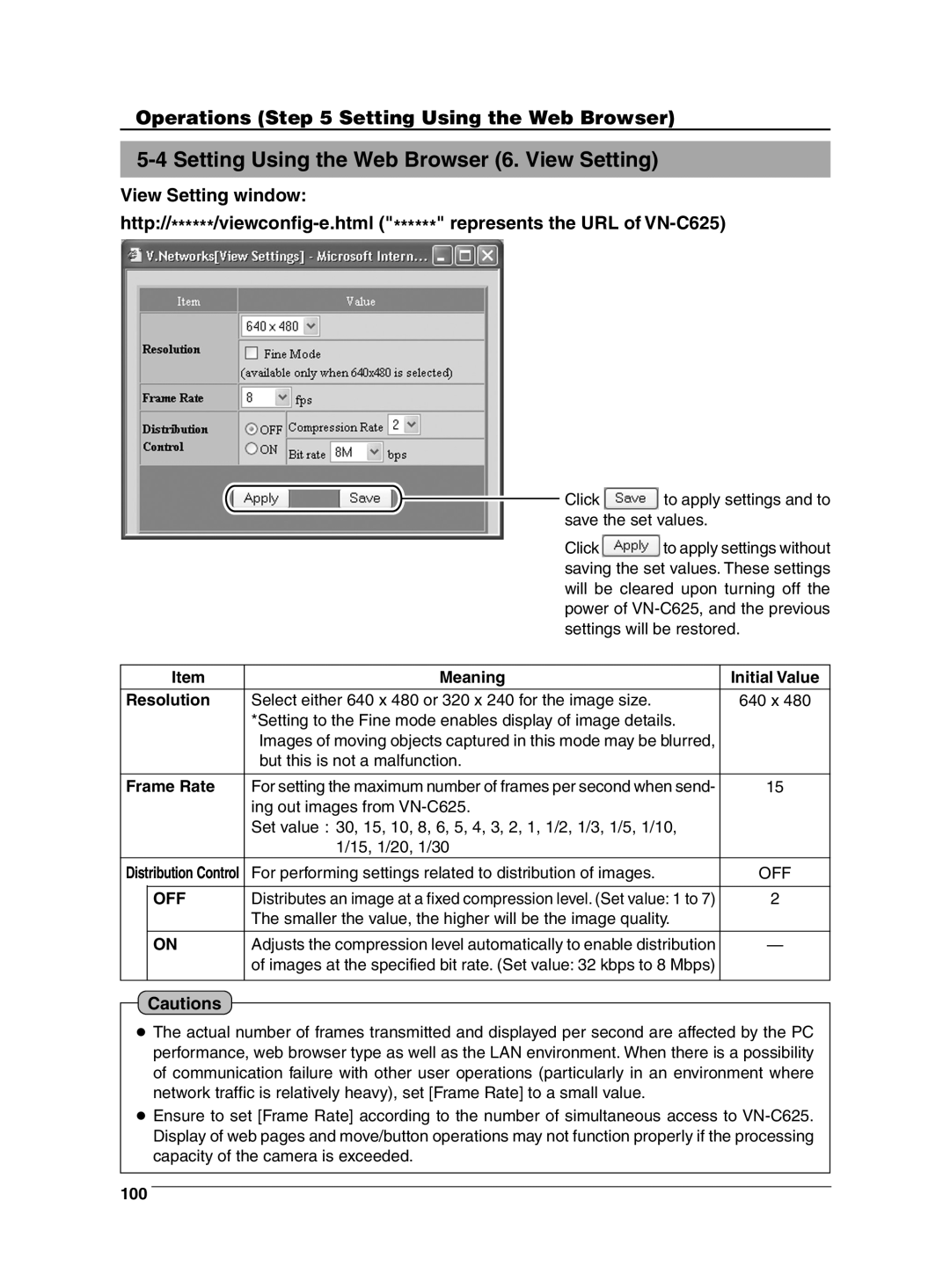 JVC VN-C625 manual Setting Using the Web Browser 6. View Setting, Resolution, 100 