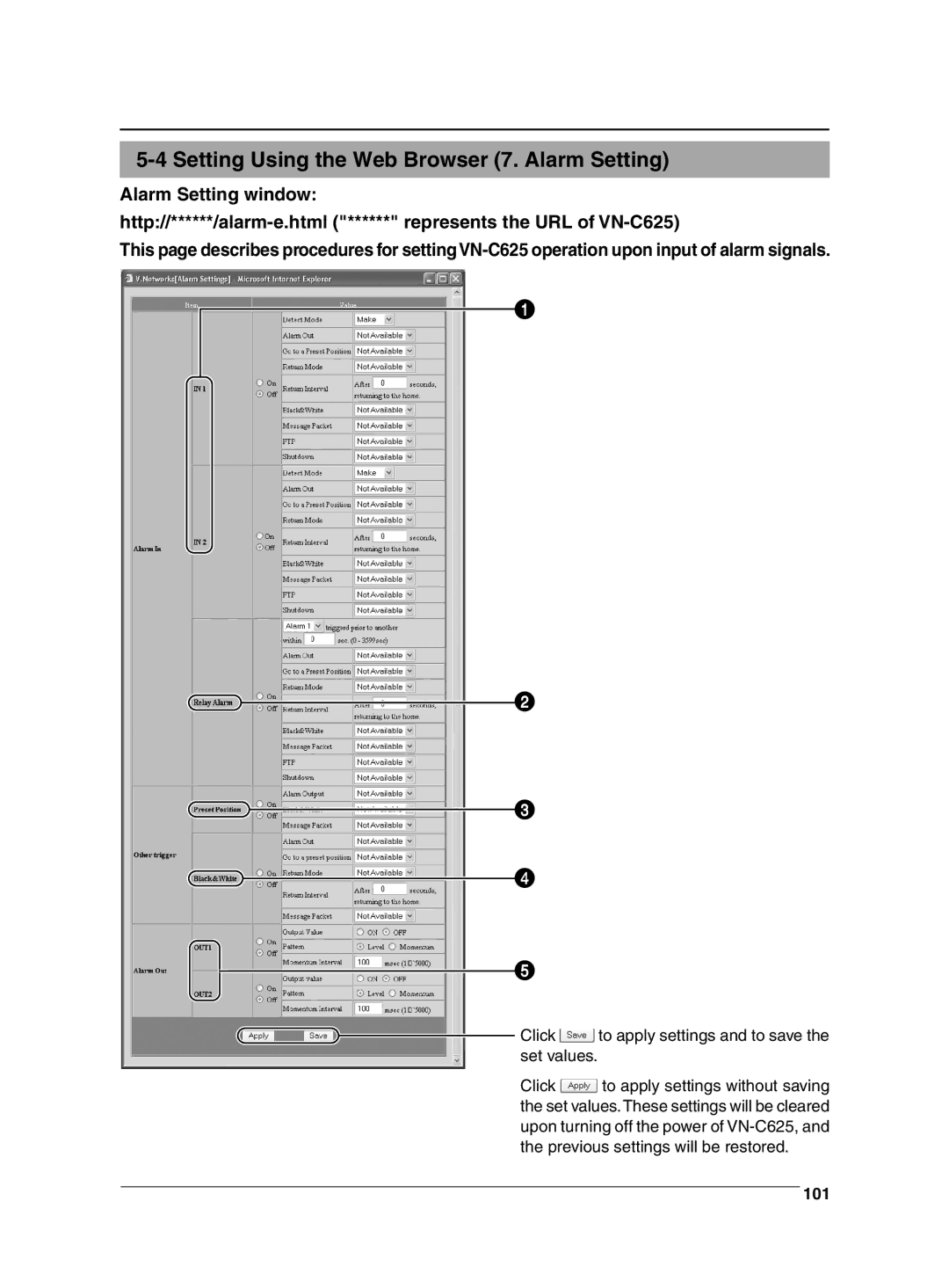 JVC VN-C625 manual Setting Using the Web Browser 7. Alarm Setting, 101 