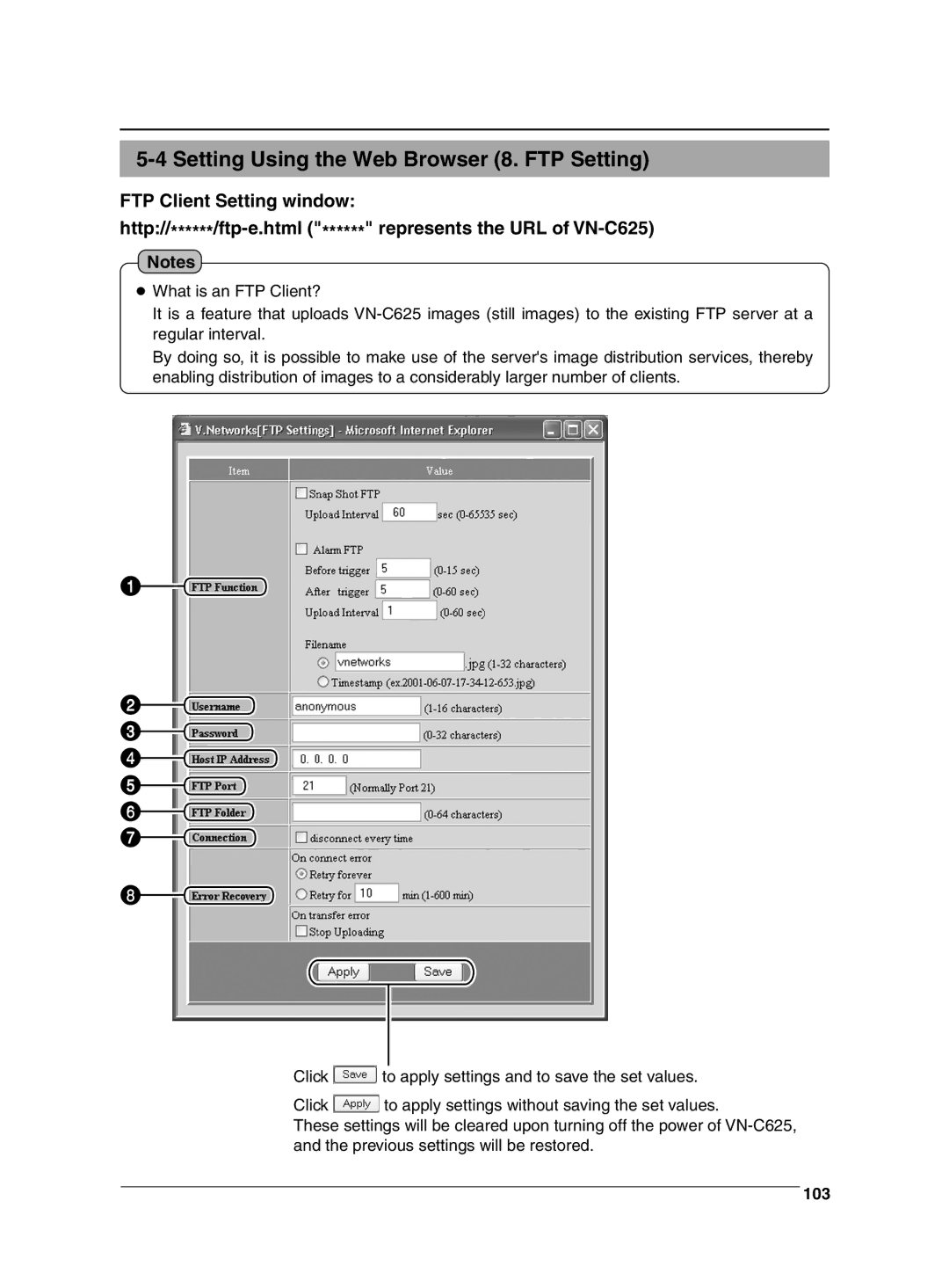 JVC VN-C625 manual Setting Using the Web Browser 8. FTP Setting, 103 