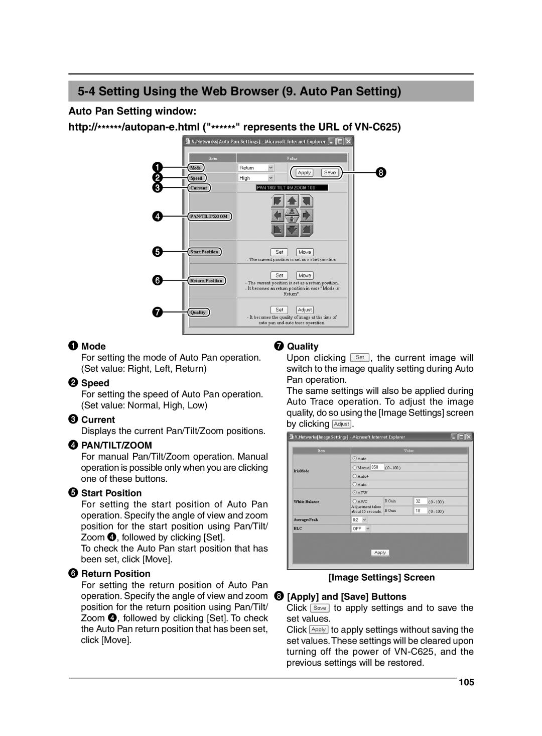 JVC VN-C625 manual Setting Using the Web Browser 9. Auto Pan Setting 