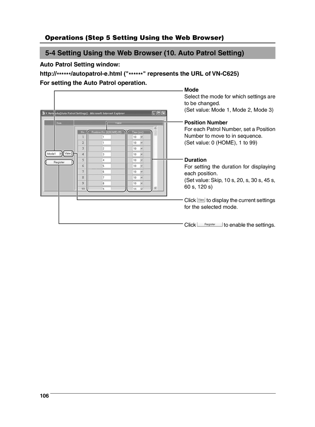 JVC VN-C625 manual Setting Using the Web Browser 10. Auto Patrol Setting, Position Number, Duration, 106 