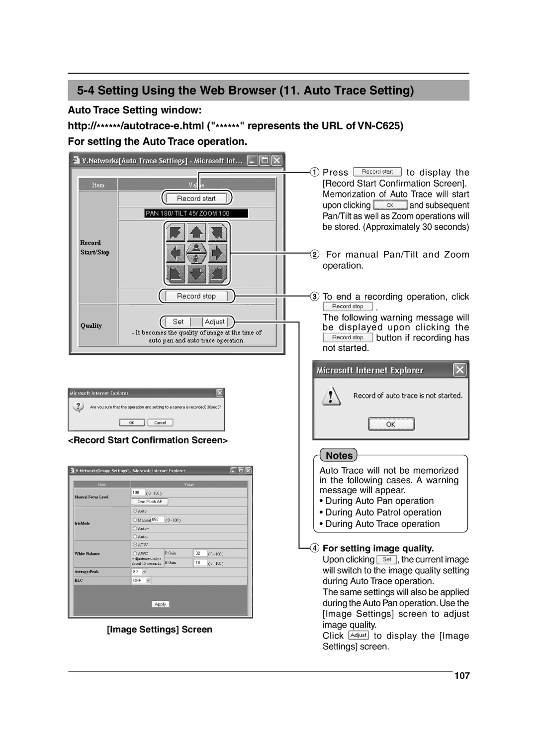 JVC VN-C625 Setting Using the Web Browser 11. Auto Trace Setting, Record Start Confirmation Screen Image Settings Screen 