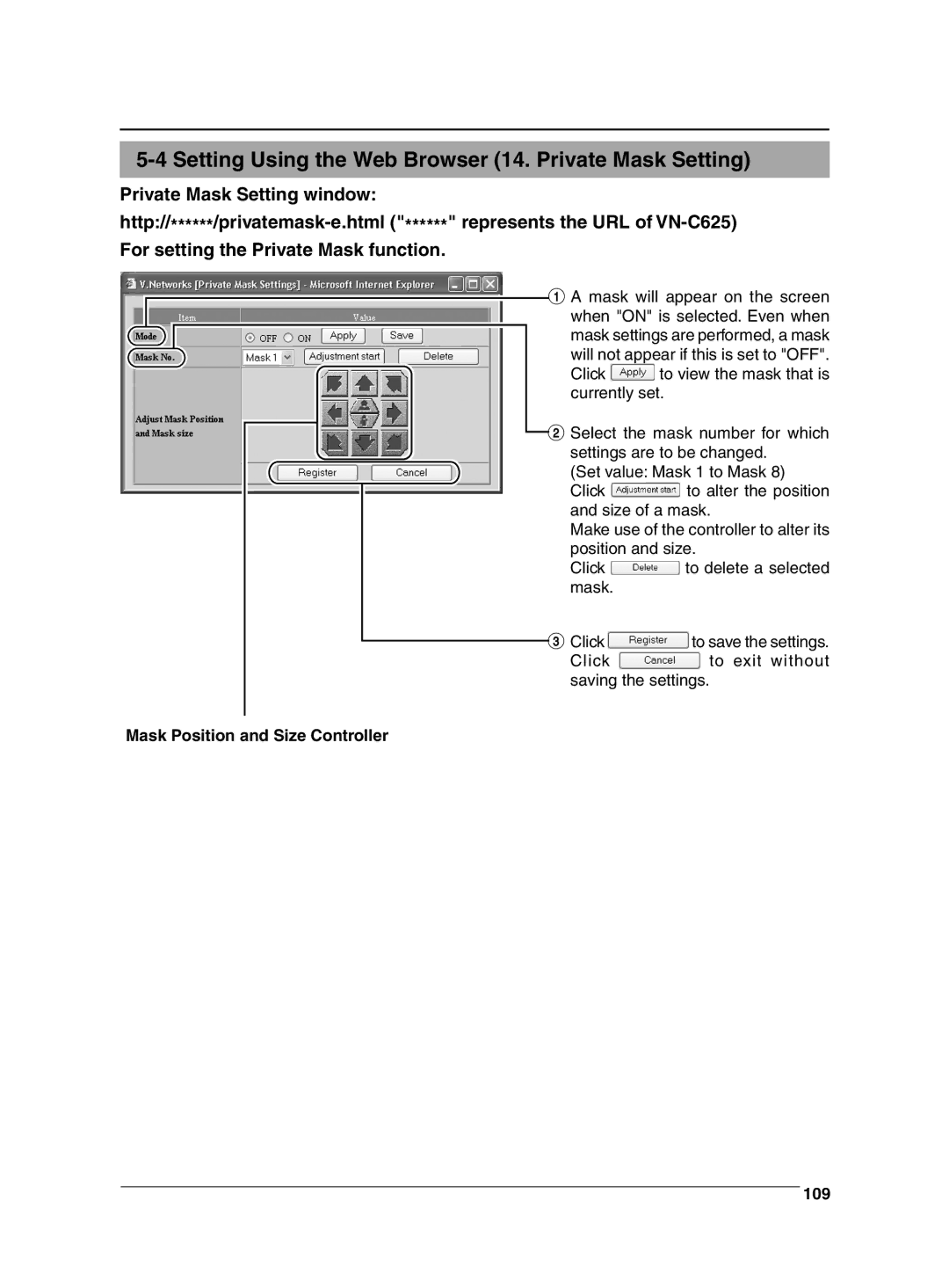 JVC VN-C625 manual Setting Using the Web Browser 14. Private Mask Setting, Mask Position and Size Controller 109 