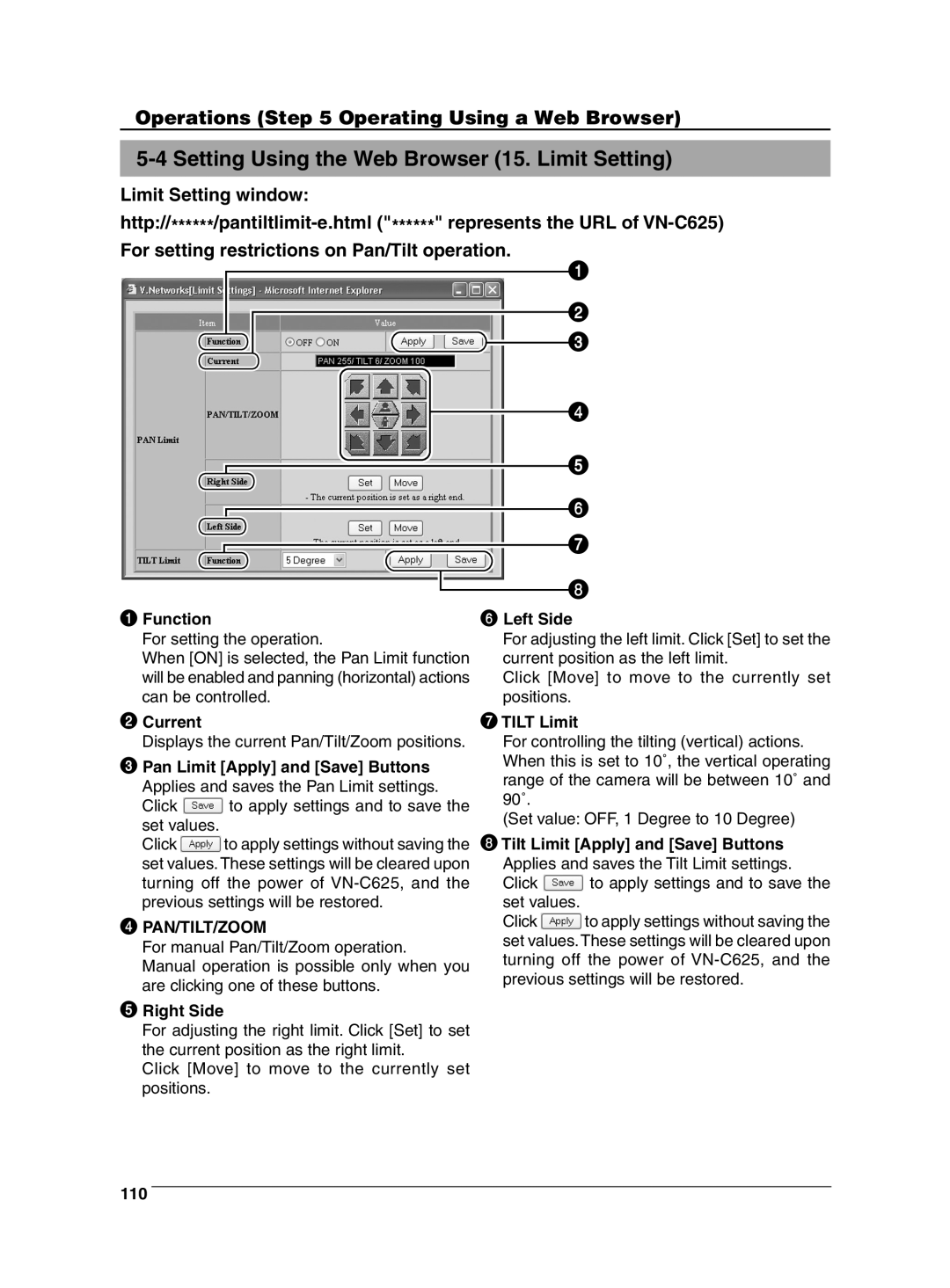 JVC VN-C625 manual Setting Using the Web Browser 15. Limit Setting, Function, Right Side Left Side, Tilt Limit, 110 