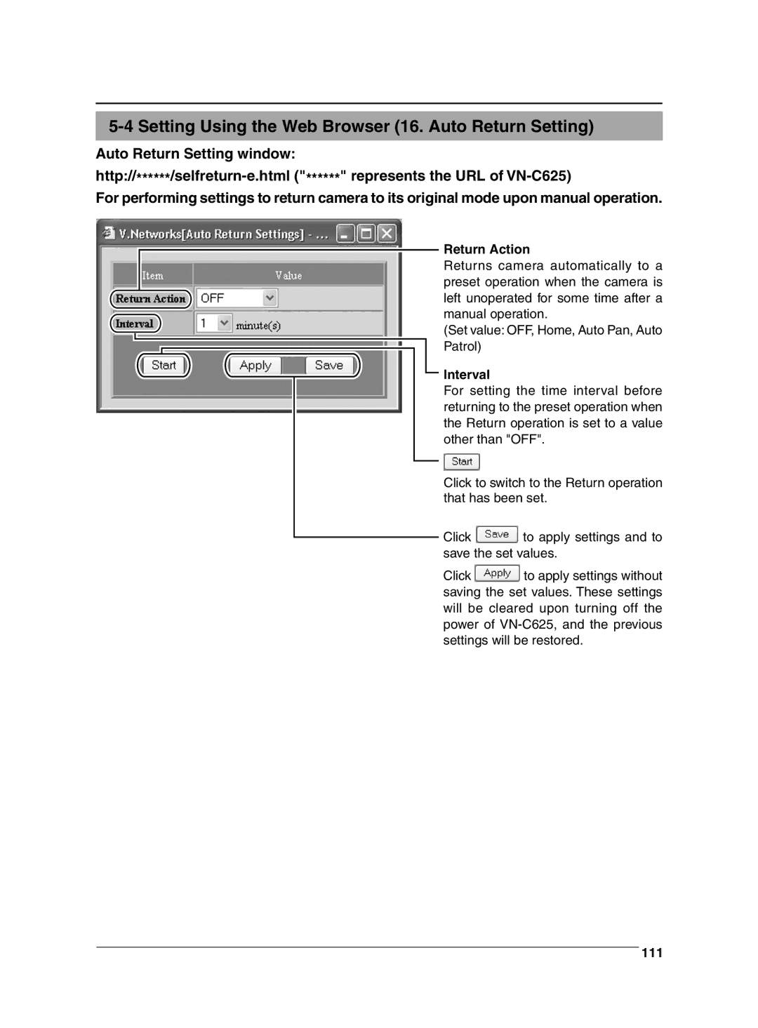 JVC VN-C625 manual Setting Using the Web Browser 16. Auto Return Setting, Return Action, 111 