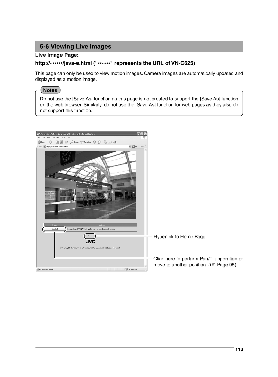 JVC VN-C625 manual Viewing Live Images, 113 