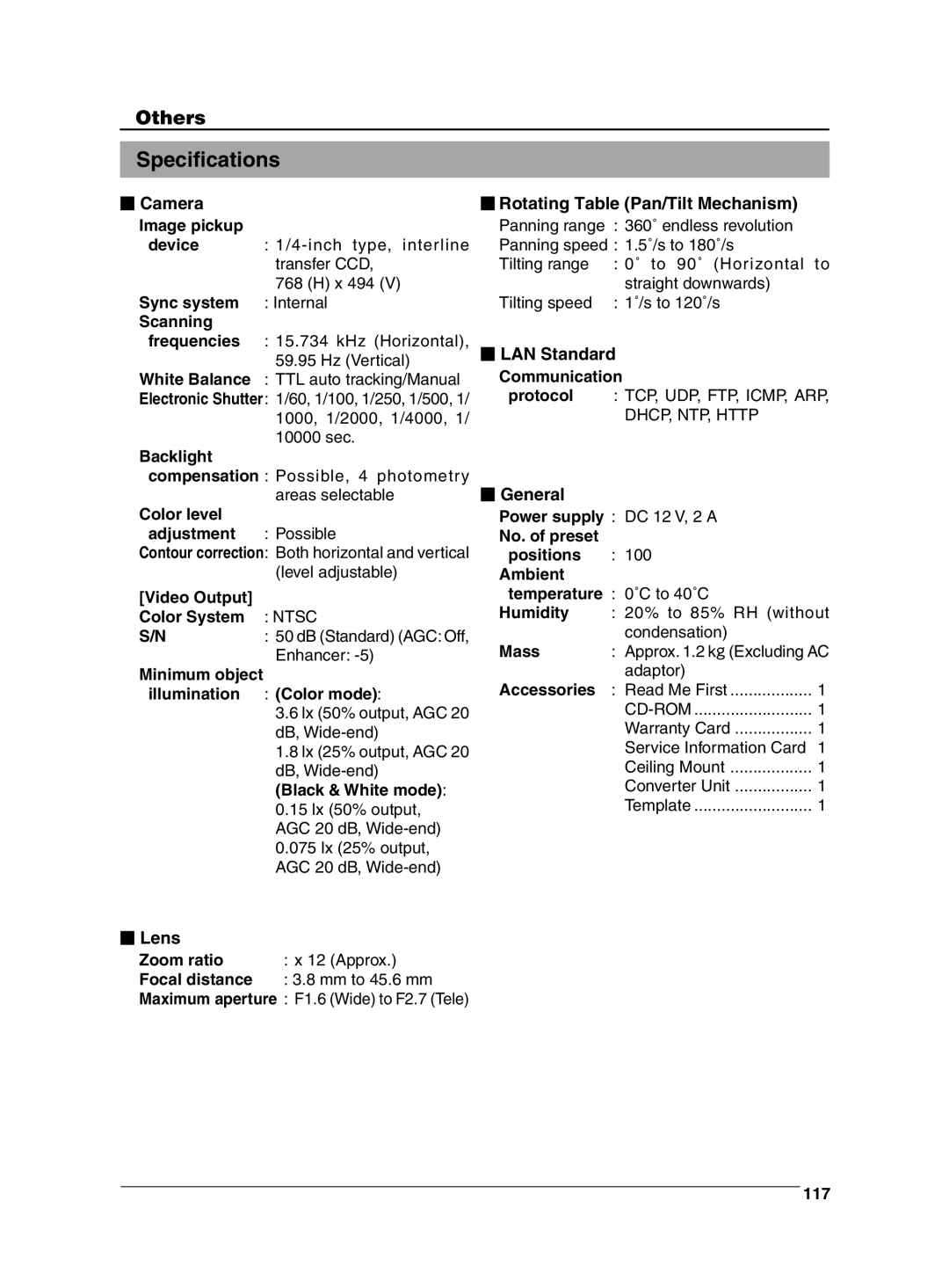 JVC VN-C625 manual Specifications, Camera Rotating Table Pan/Tilt Mechanism, Lens, General 