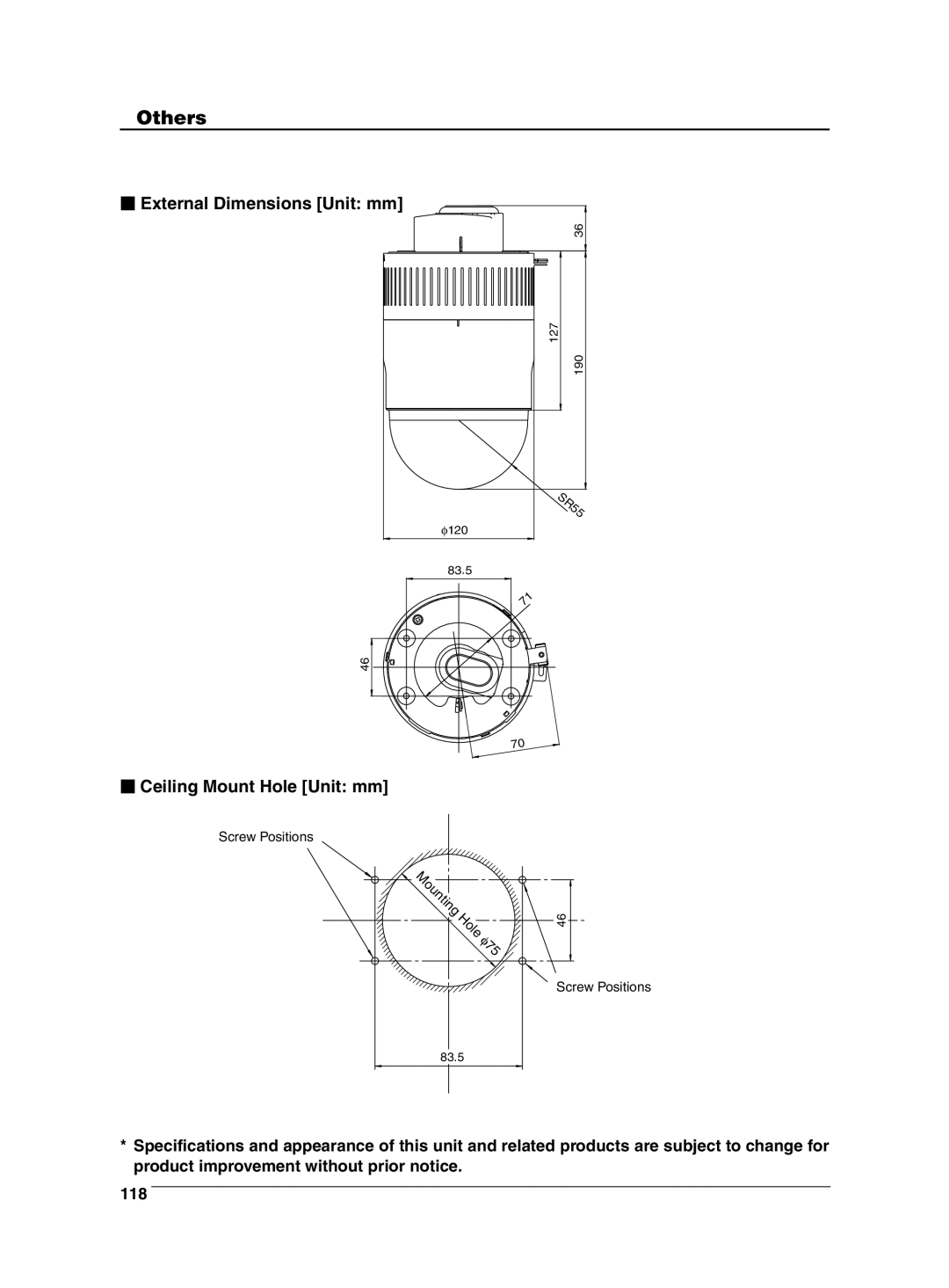 JVC VN-C625 manual  Ceiling Mount Hole Unit mm 