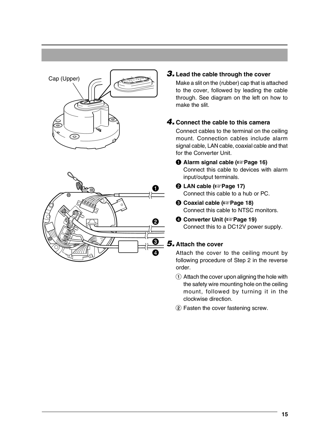 JVC VN-C625 manual Lead the cable through the cover, Connect the cable to this camera, Attach the cover 