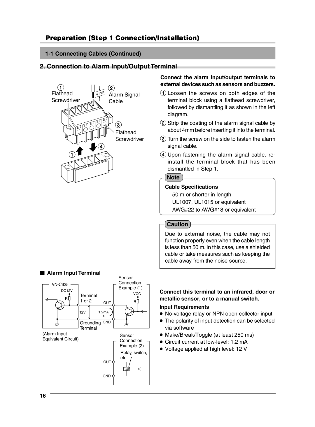 JVC VN-C625 manual Connecting Cables, Cable Specifications,  Alarm Input Terminal 