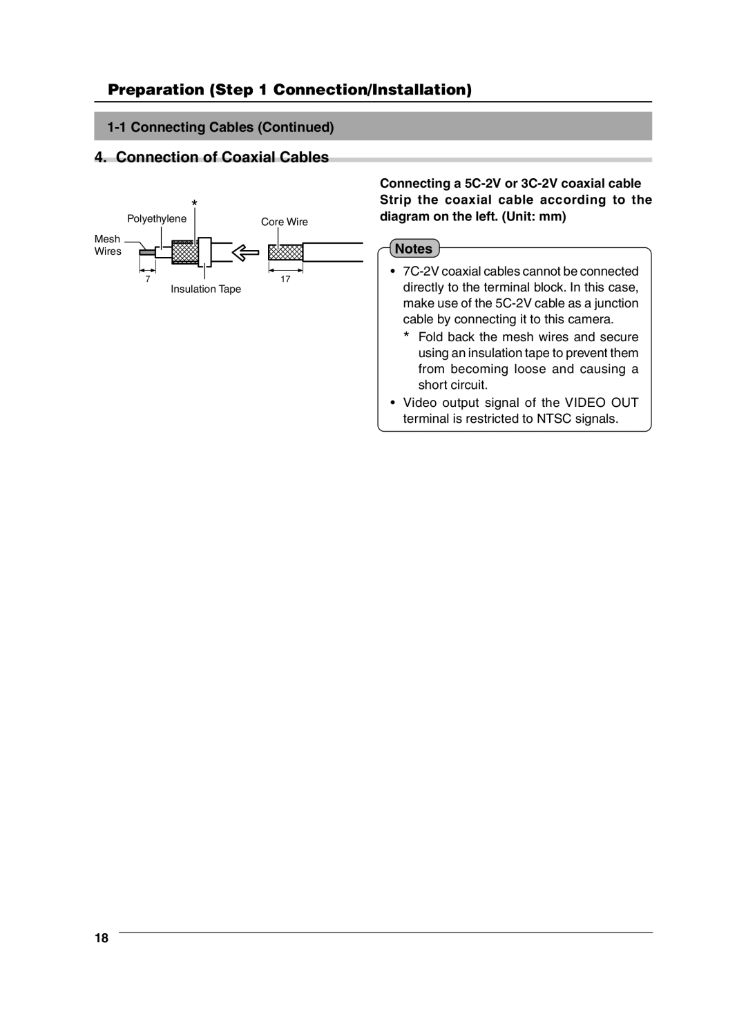 JVC VN-C625 manual Connection of Coaxial Cables, Connecting a 5C-2V or 3C-2V coaxial cable 