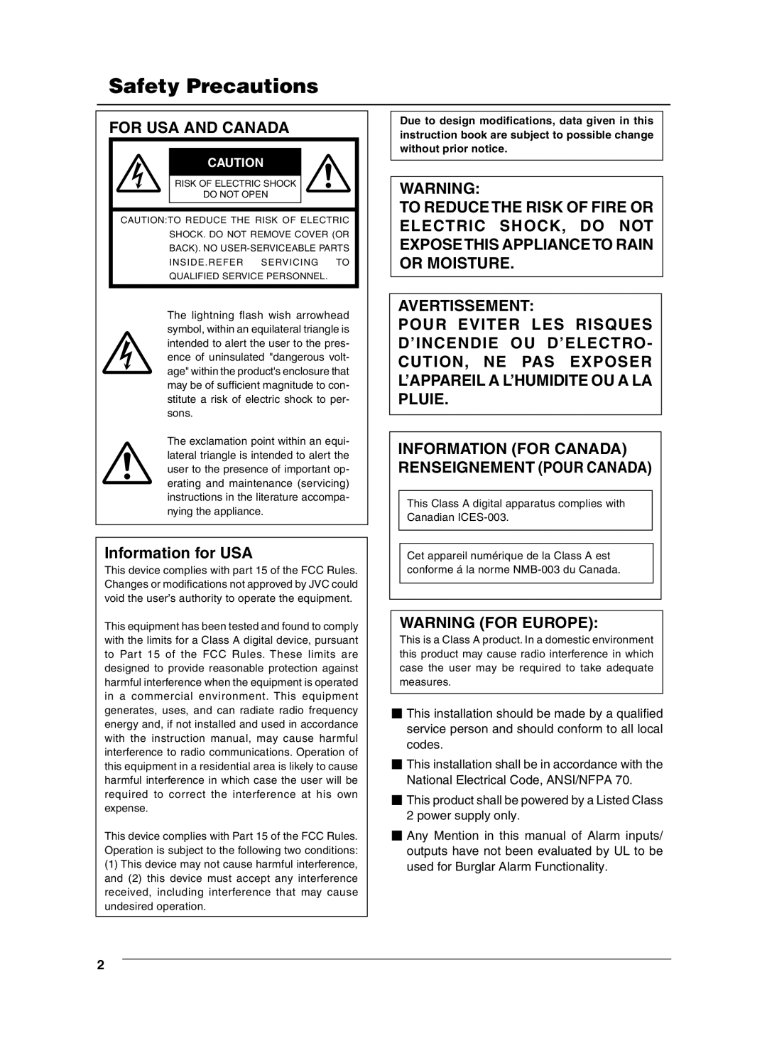 JVC VN-C625 manual Safety Precautions 