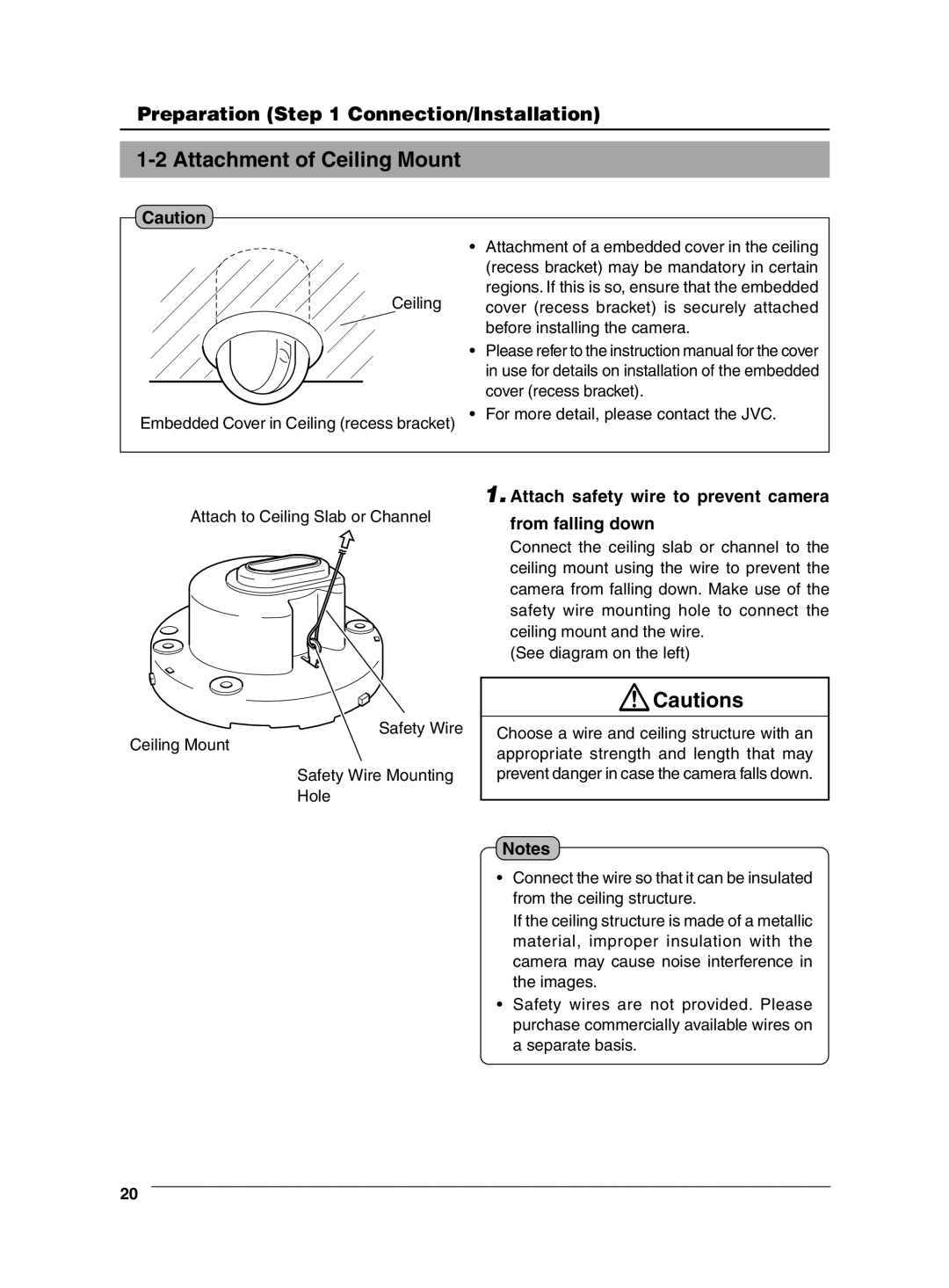 JVC VN-C625 manual Attachment of Ceiling Mount, Attach safety wire to prevent camera from falling down 