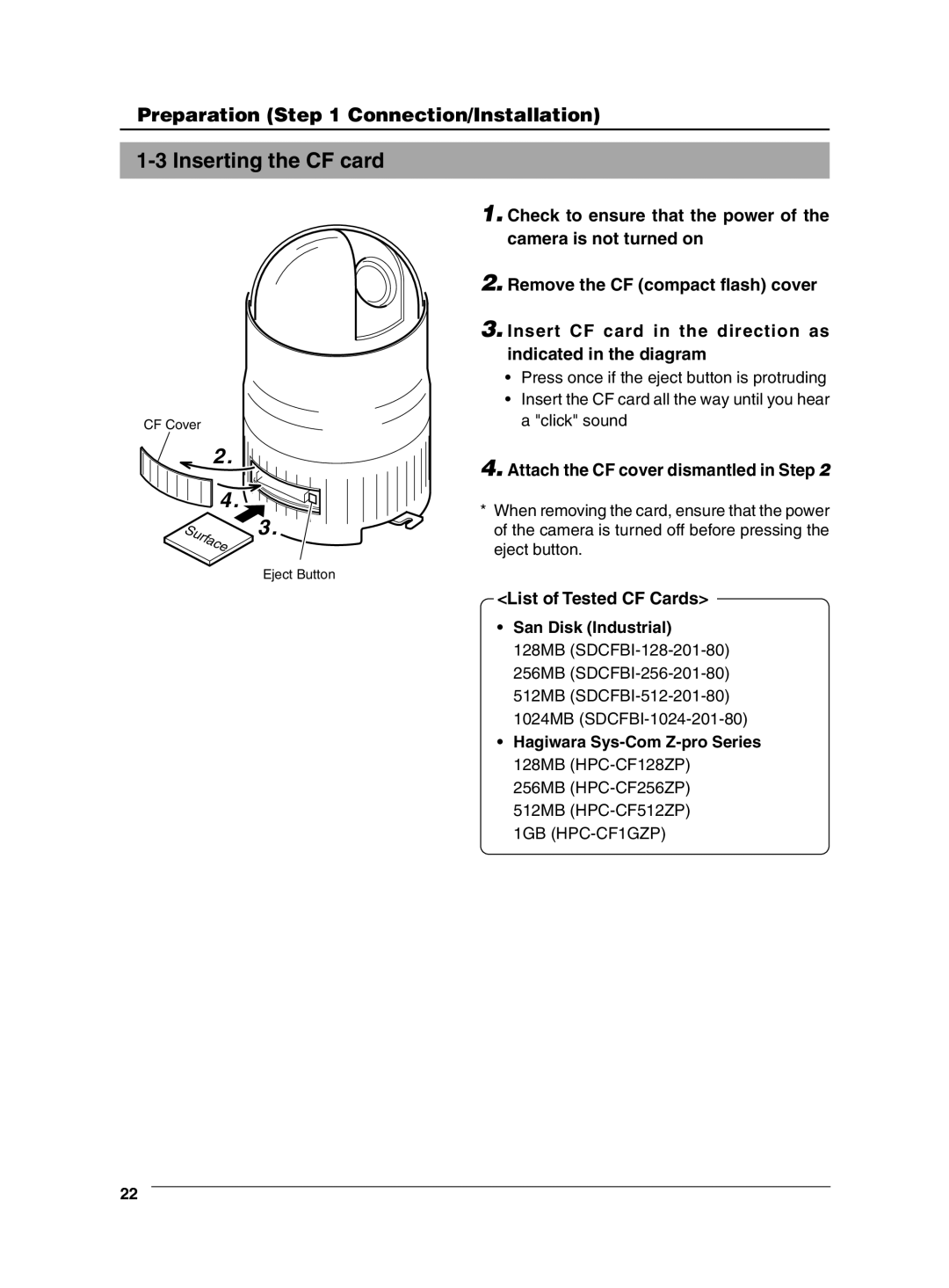 JVC VN-C625 manual Inserting the CF card, Attach the CF cover dismantled in Step, List of Tested CF Cards 