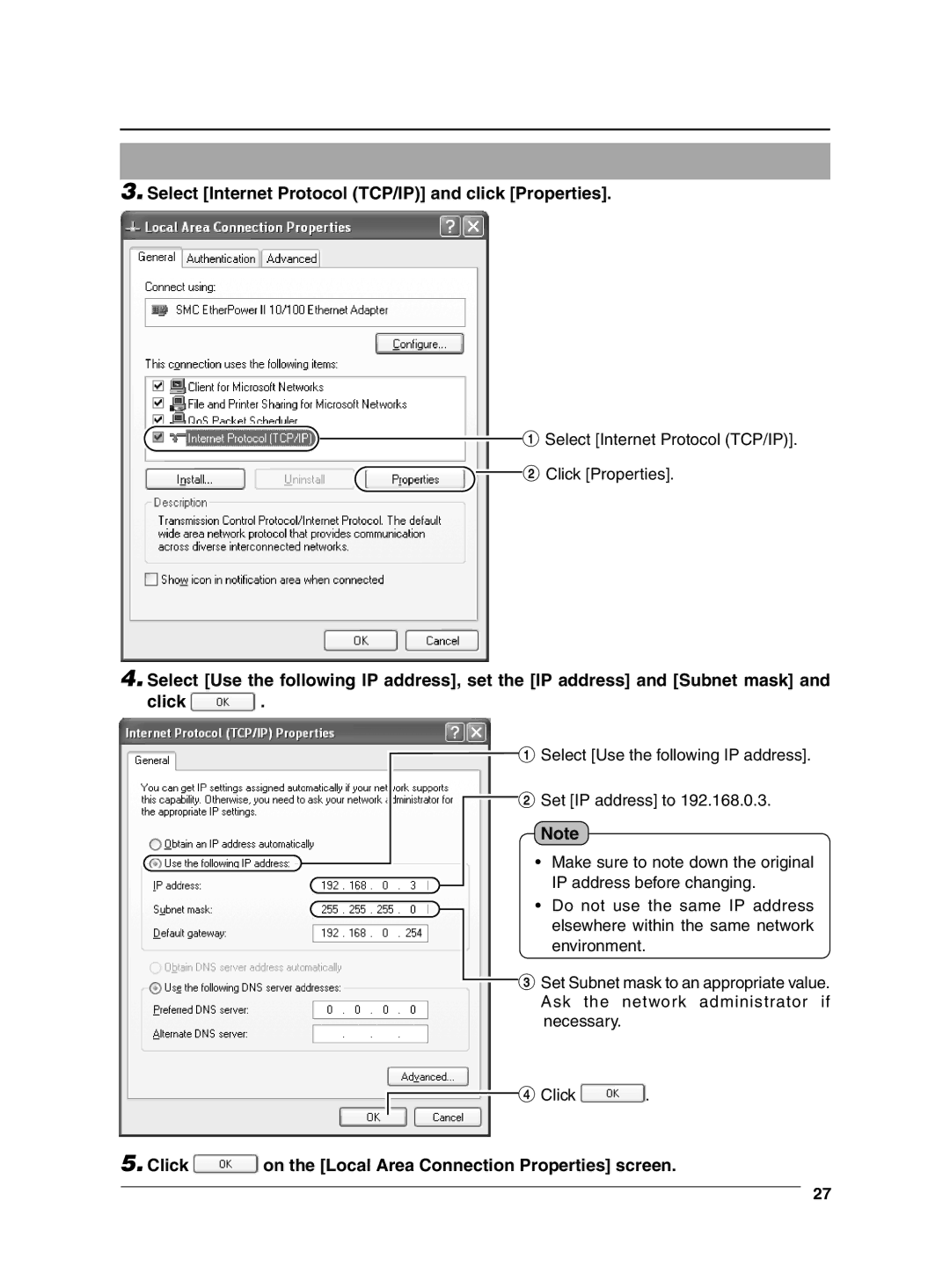 JVC VN-C625 Select Internet Protocol TCP/IP and click Properties, Click on the Local Area Connection Properties screen 