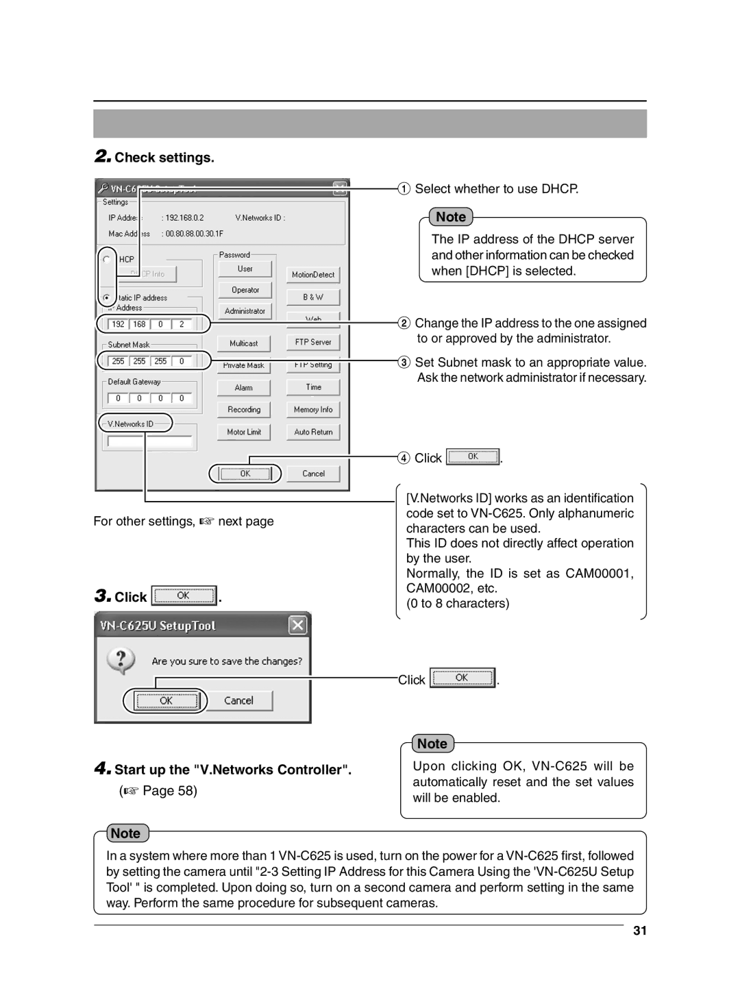 JVC VN-C625 manual Check settings, Start up the V.Networks Controller 