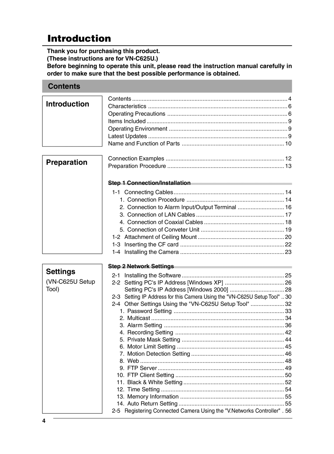 JVC VN-C625 manual Contents Introduction, Preparation Settings 