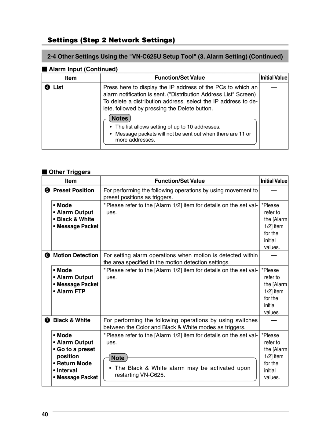 JVC VN-C625 manual  Other Triggers, List, Preset Position, Motion Detection, Position Return Mode 