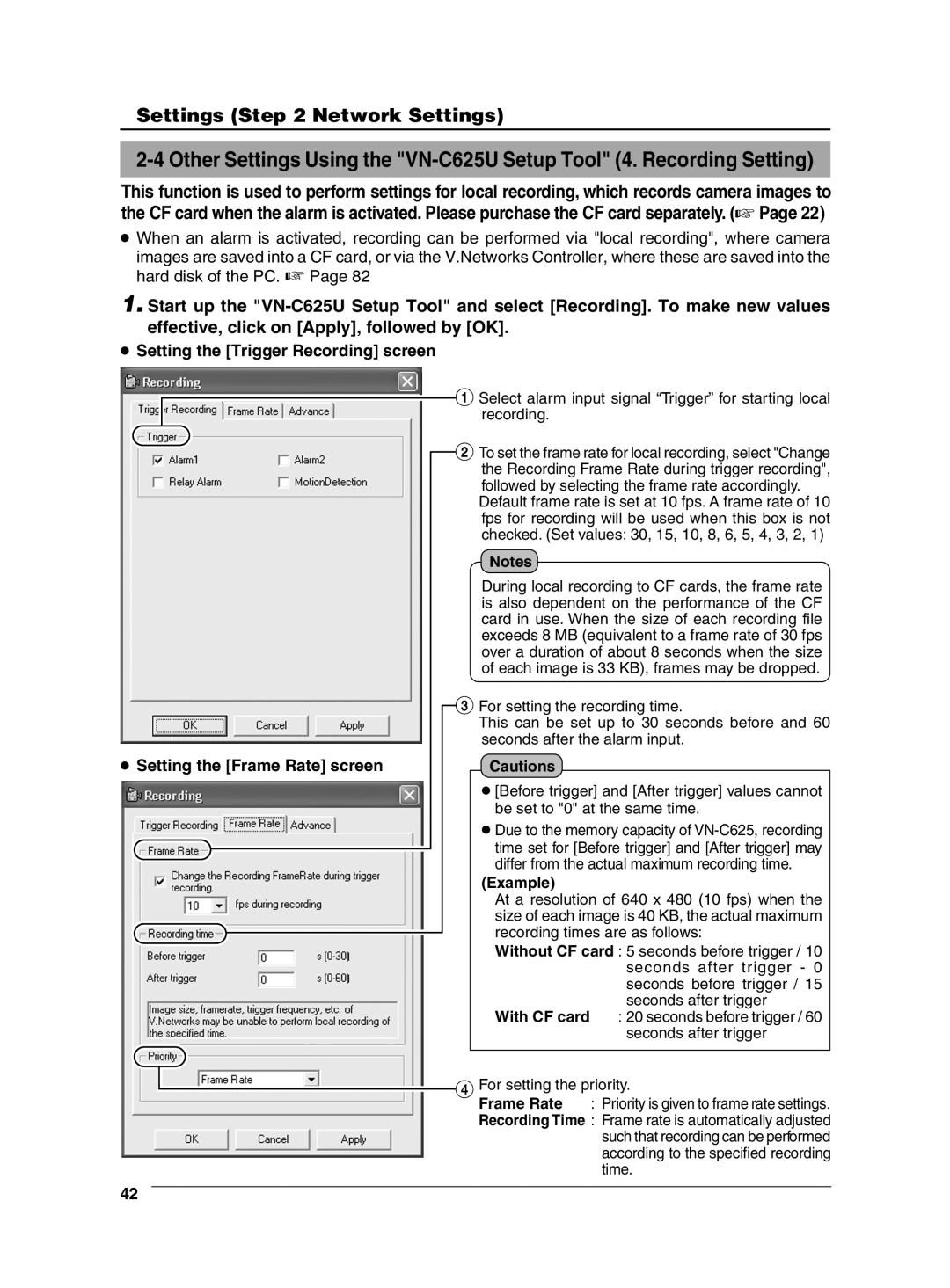 JVC VN-C625 manual Setting the Trigger Recording screen, Setting the Frame Rate screen, Example 