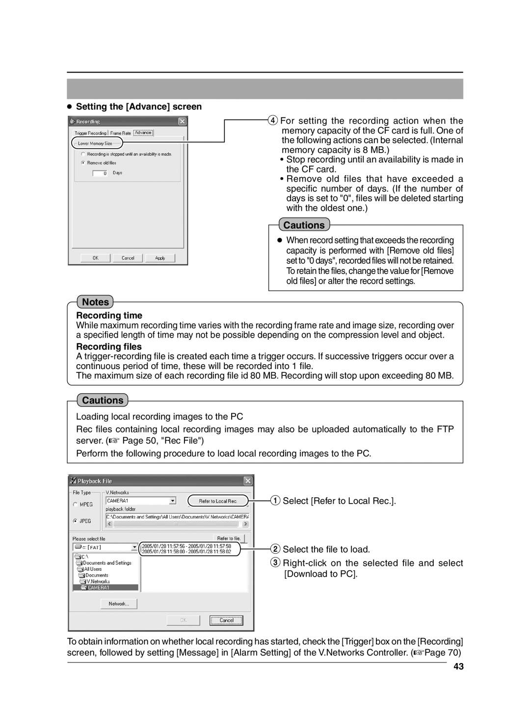 JVC VN-C625 manual Setting the Advance screen, Recording time, Recording files 