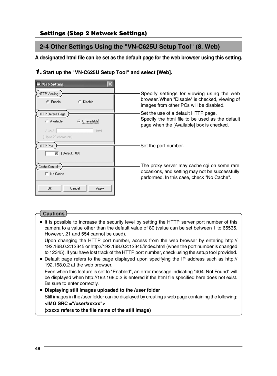 JVC manual Other Settings Using the VN-C625U Setup Tool 8. Web, Displaying still images uploaded to the /user folder 