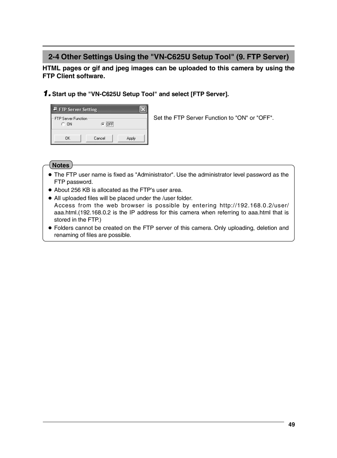 JVC Other Settings Using the VN-C625U Setup Tool 9. FTP Server, Start up the VN-C625U Setup Tool and select FTP Server 