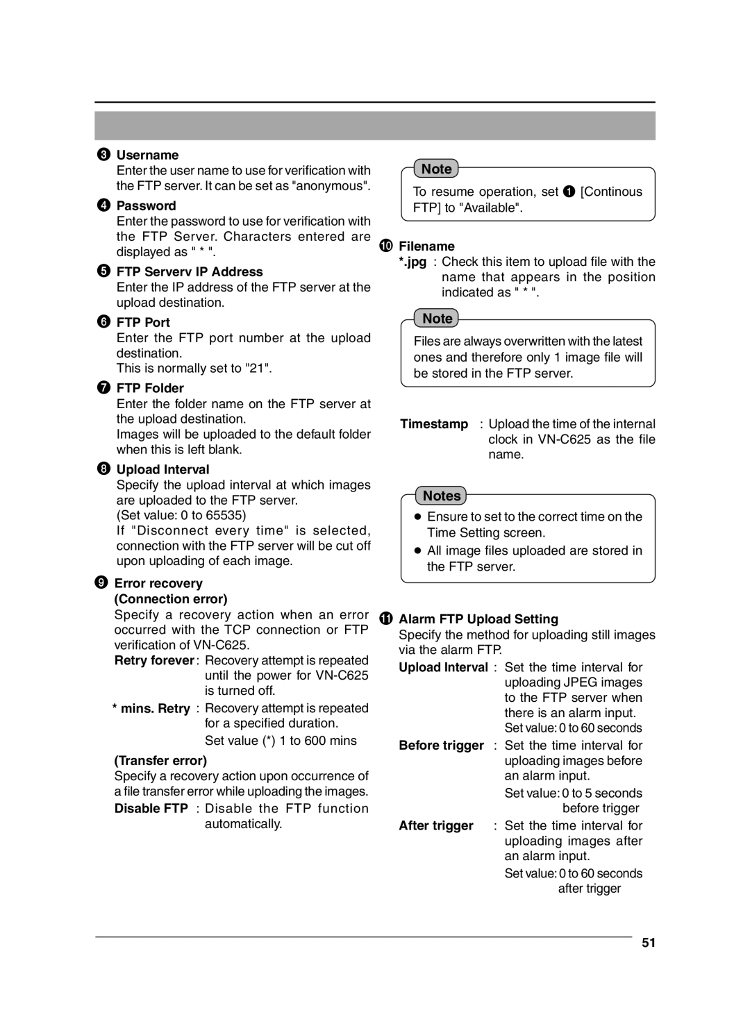 JVC VN-C625 Username, Password, FTP Serverv IP Address, FTP Port, FTP Folder, Upload Interval, Transfer error, Filename 