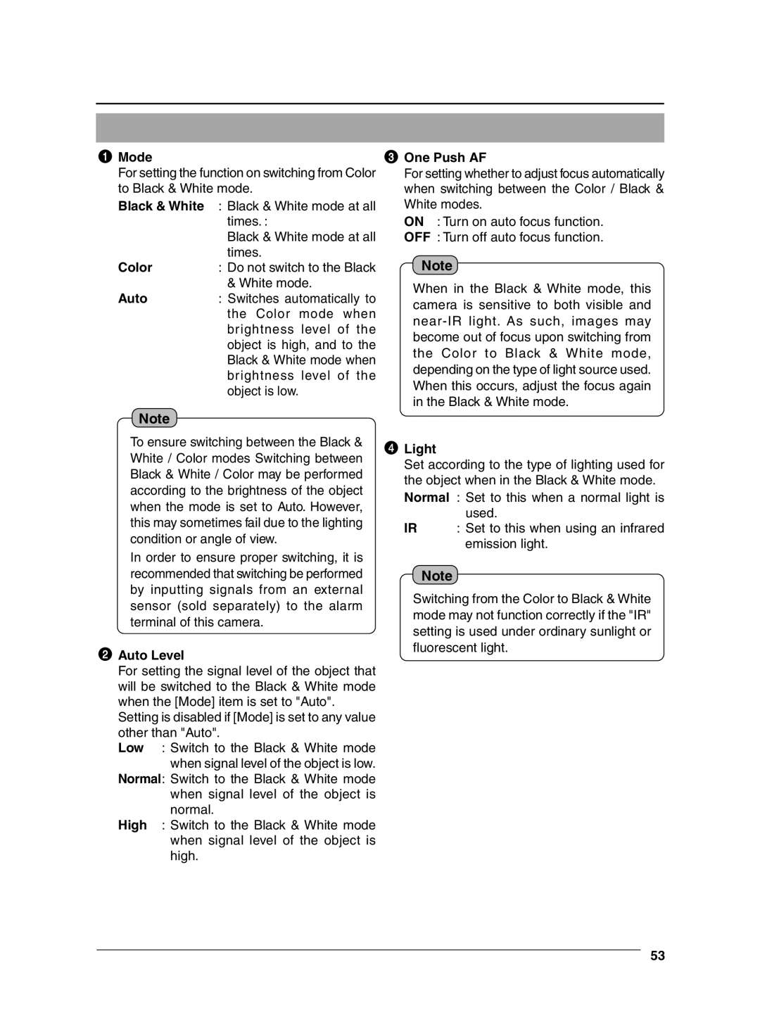 JVC VN-C625 manual One Push AF, Auto Level, Light 