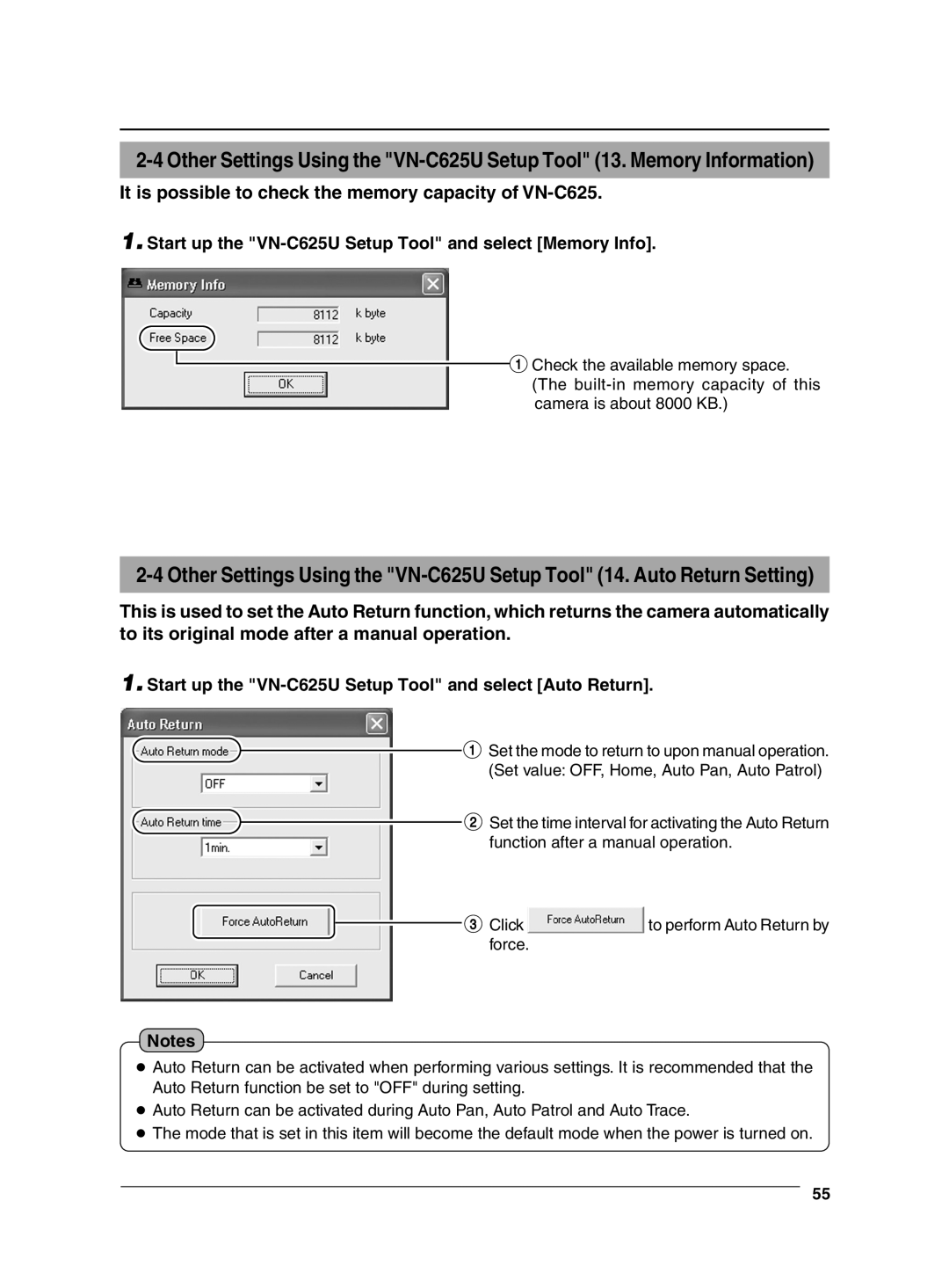 JVC Start up the VN-C625U Setup Tool and select Memory Info, Start up the VN-C625U Setup Tool and select Auto Return 