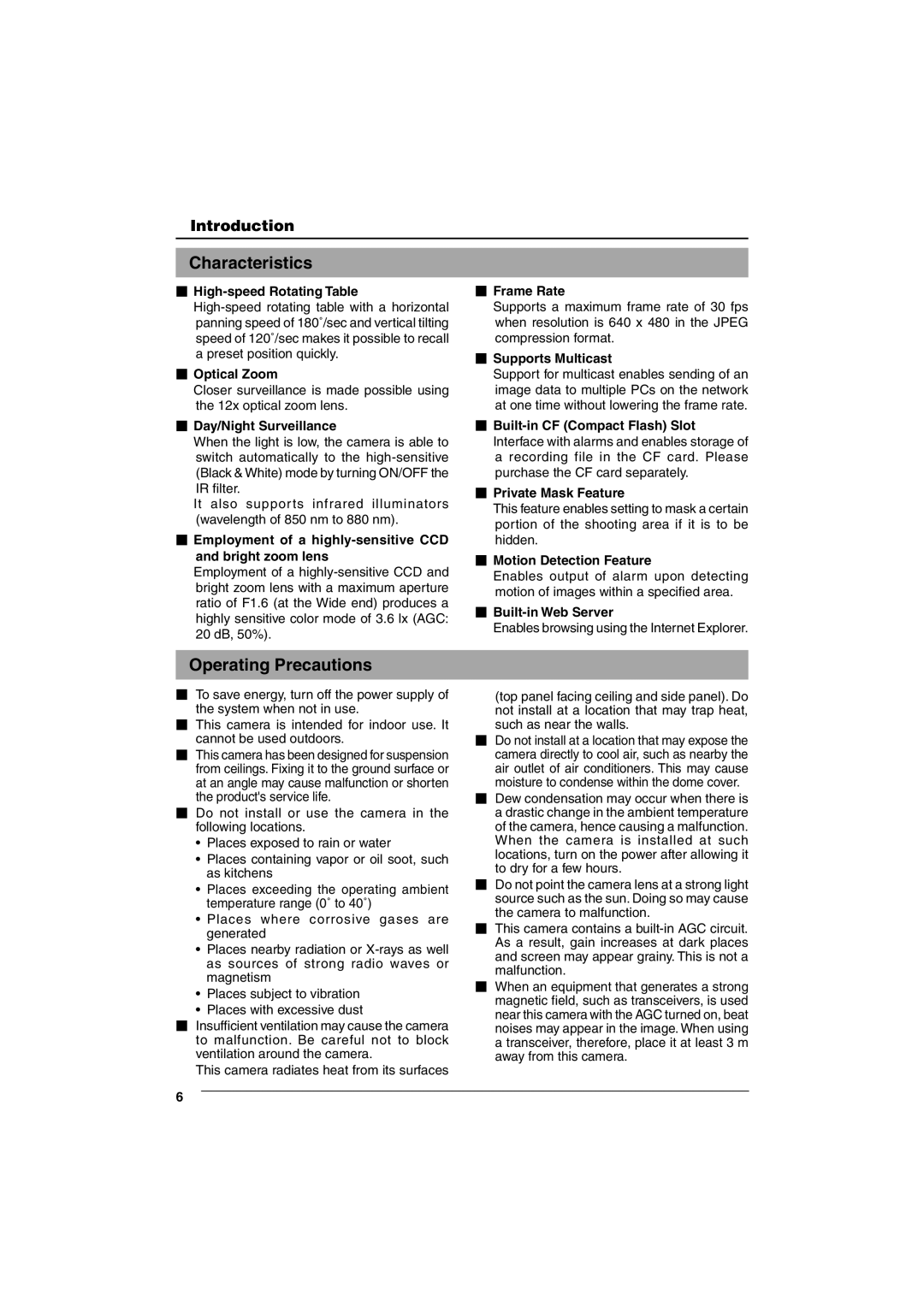 JVC VN-C625 manual Characteristics, Operating Precautions 