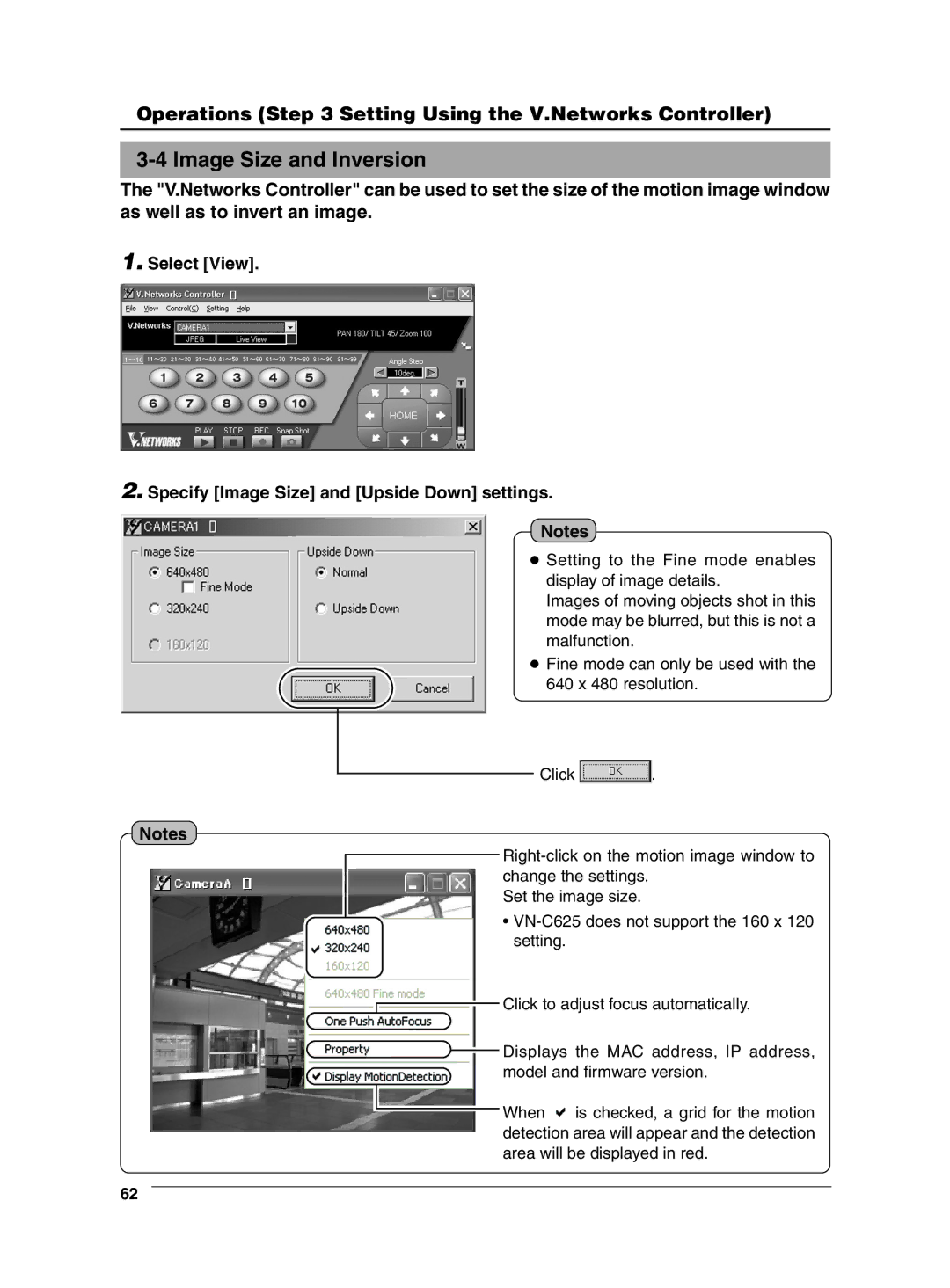 JVC VN-C625 manual Image Size and Inversion, Select View Specify Image Size and Upside Down settings 