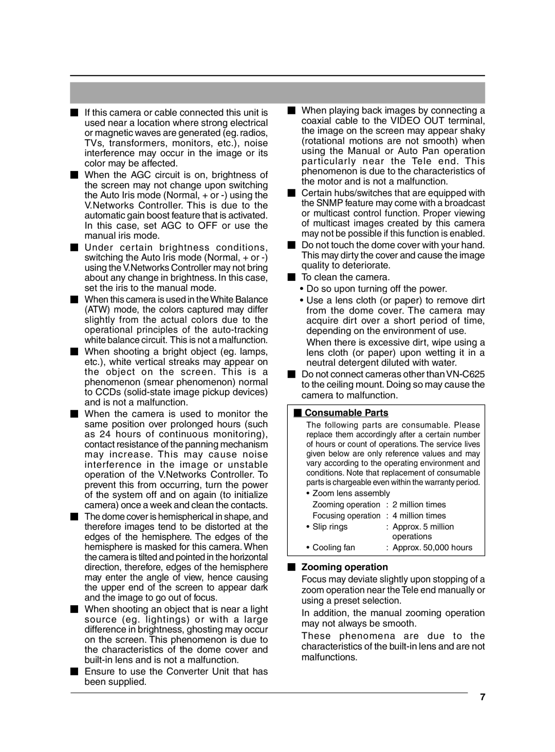 JVC VN-C625 manual  Consumable Parts,  Zooming operation 