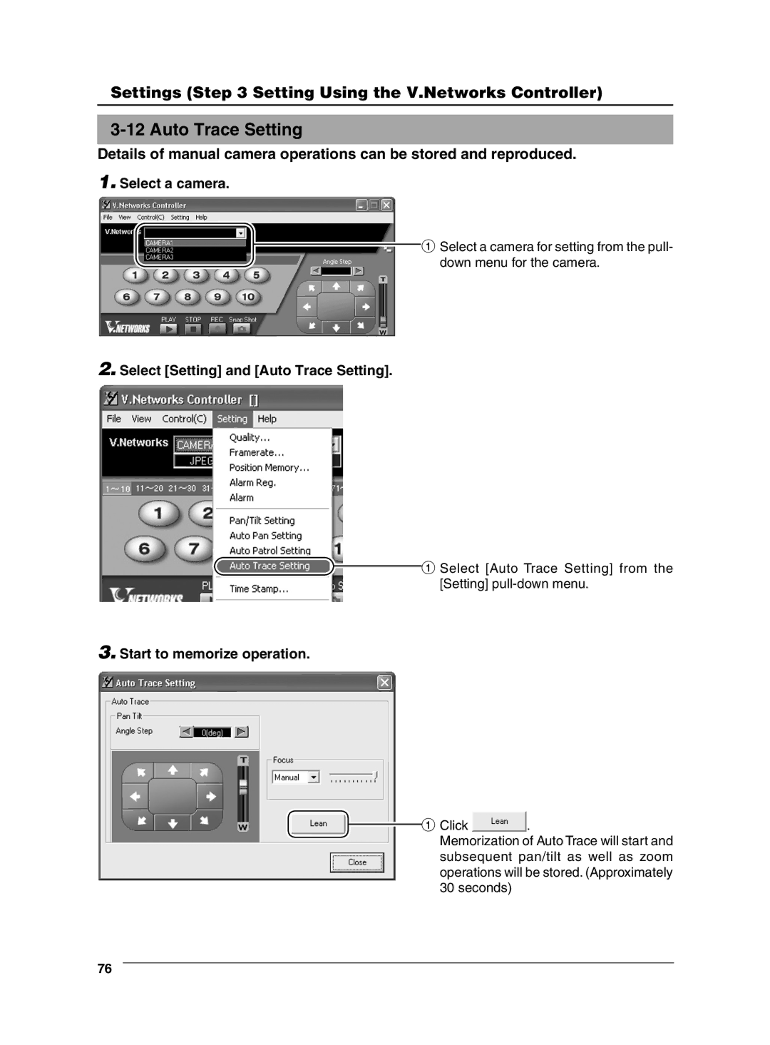 JVC VN-C625 manual Select Setting and Auto Trace Setting, Start to memorize operation 