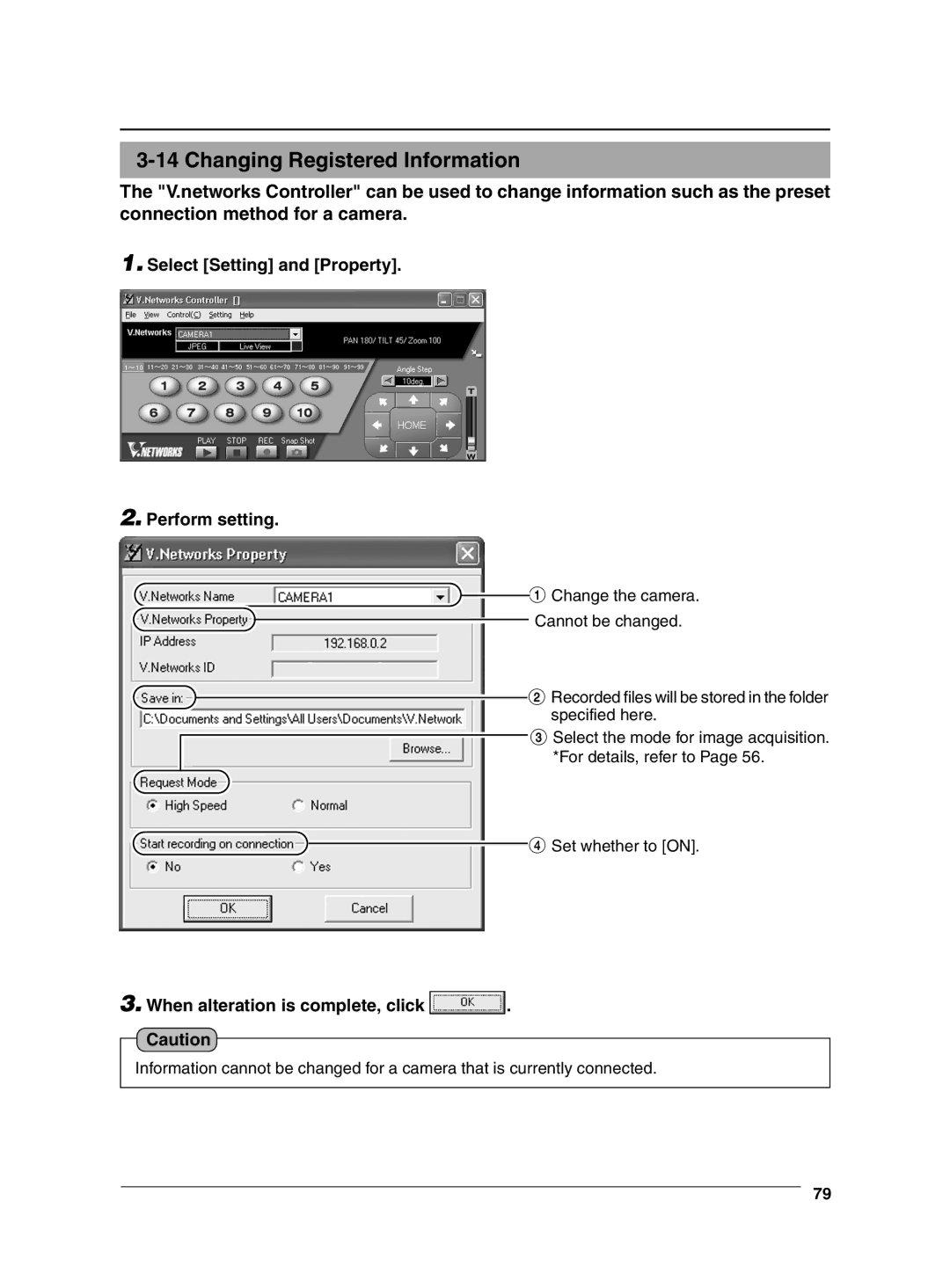 JVC VN-C625 manual Changing Registered Information, Select Setting and Property Perform setting 