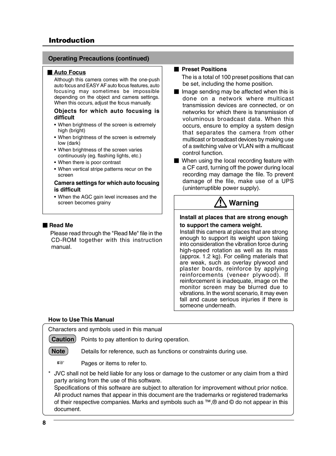 JVC VN-C625 manual Operating Precautions 