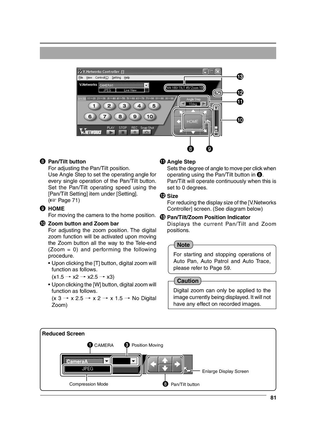 JVC VN-C625 manual Pan/Tilt button, Zoom button and Zoom bar, Angle Step, @ Size, # Pan/Tilt/Zoom Position Indicator 