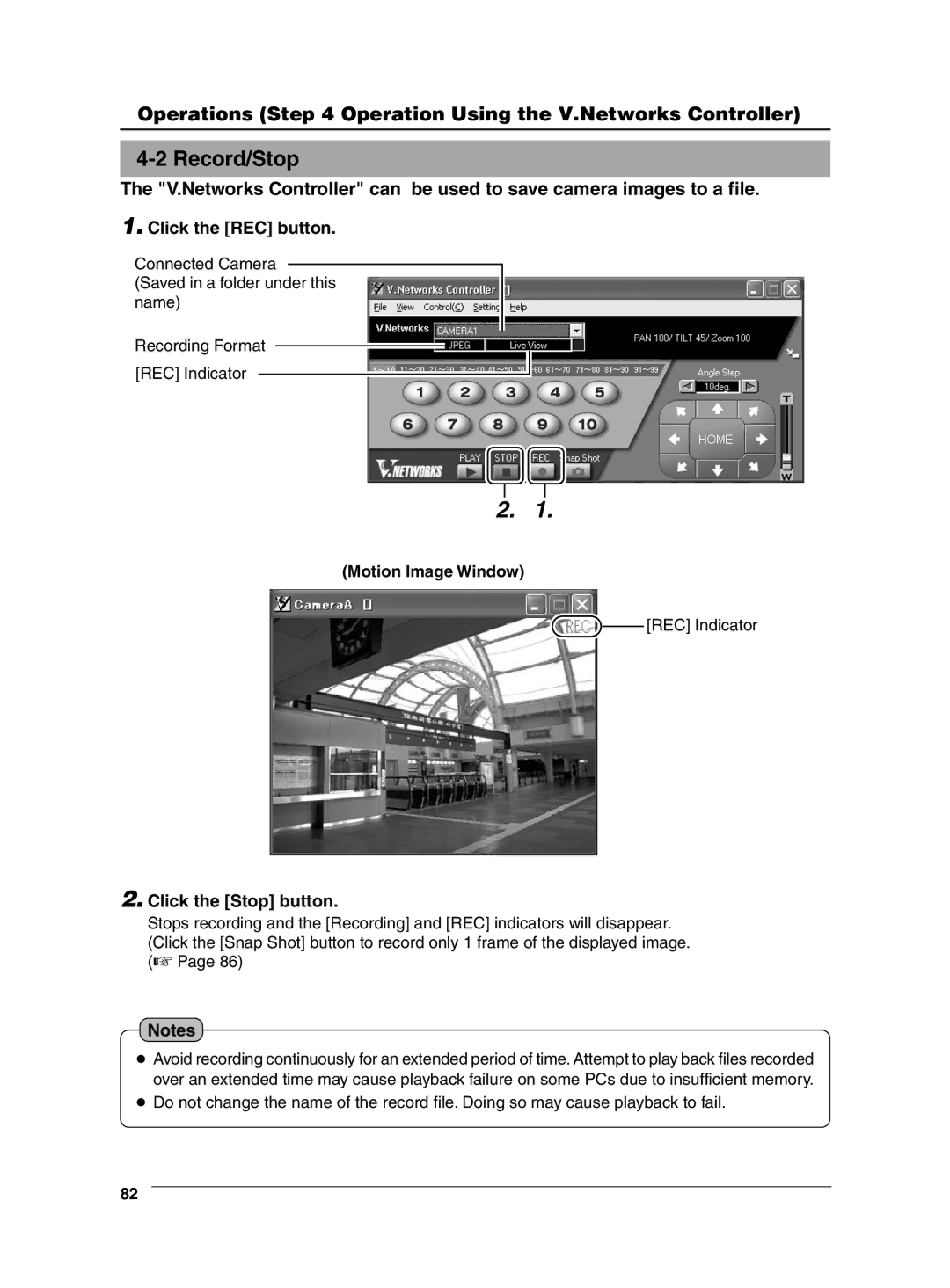 JVC VN-C625 manual Record/Stop, Click the REC button, Click the Stop button, Motion Image Window 