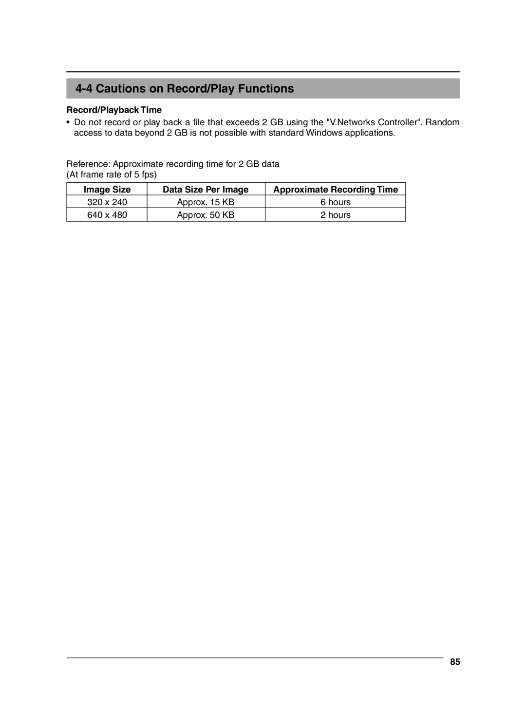 JVC VN-C625 manual Record/Playback Time, Image Size Data Size Per Image Approximate Recording Time 