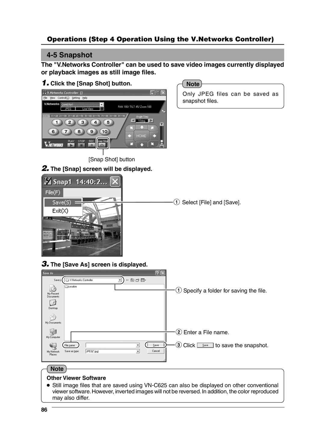 JVC VN-C625 manual Snapshot, Click the Snap Shot button, Snap screen will be displayed, Save As screen is displayed 