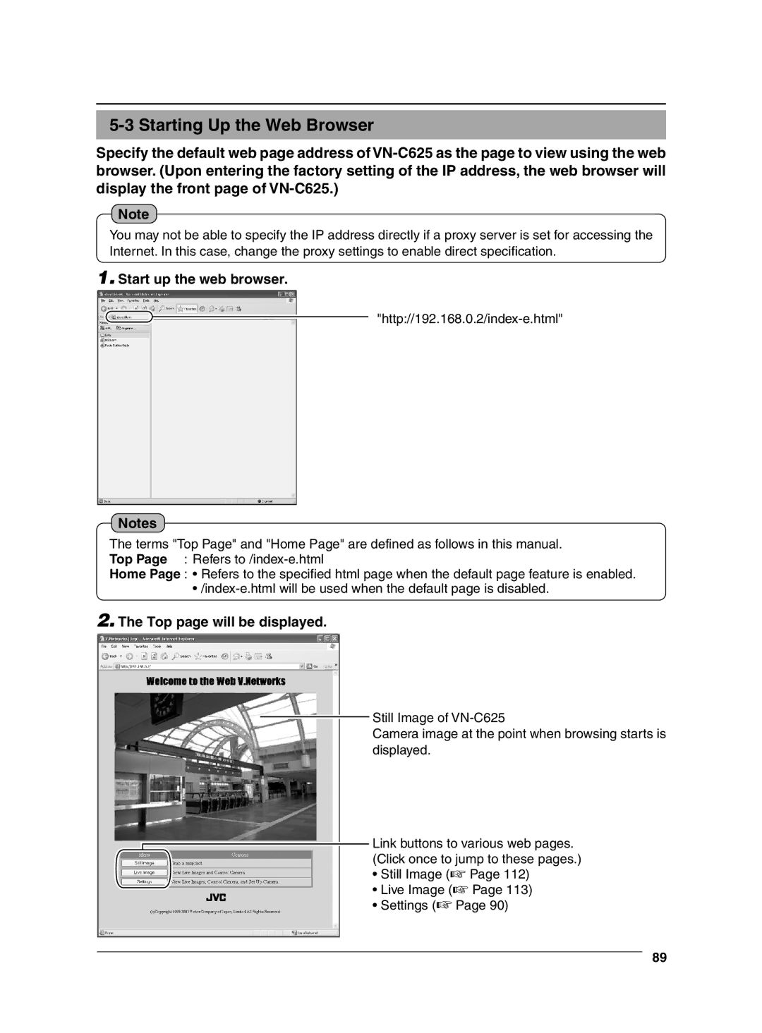 JVC VN-C625 manual Starting Up the Web Browser, Start up the web browser, Top page will be displayed 
