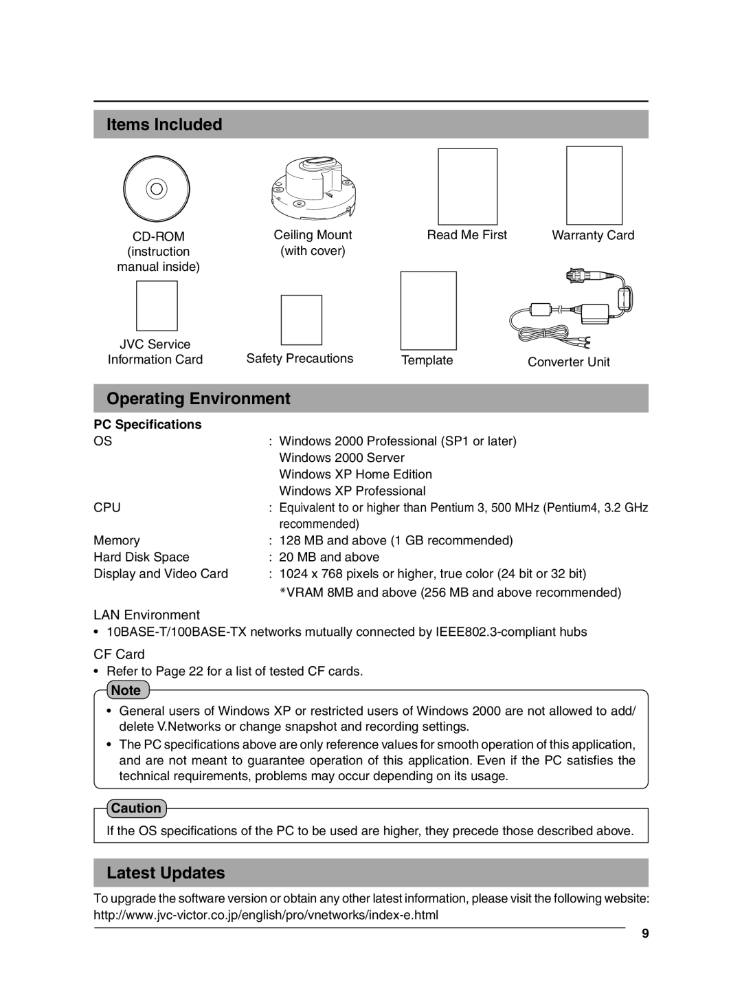 JVC VN-C625 manual Items Included, Operating Environment, Latest Updates, PC Specifications 