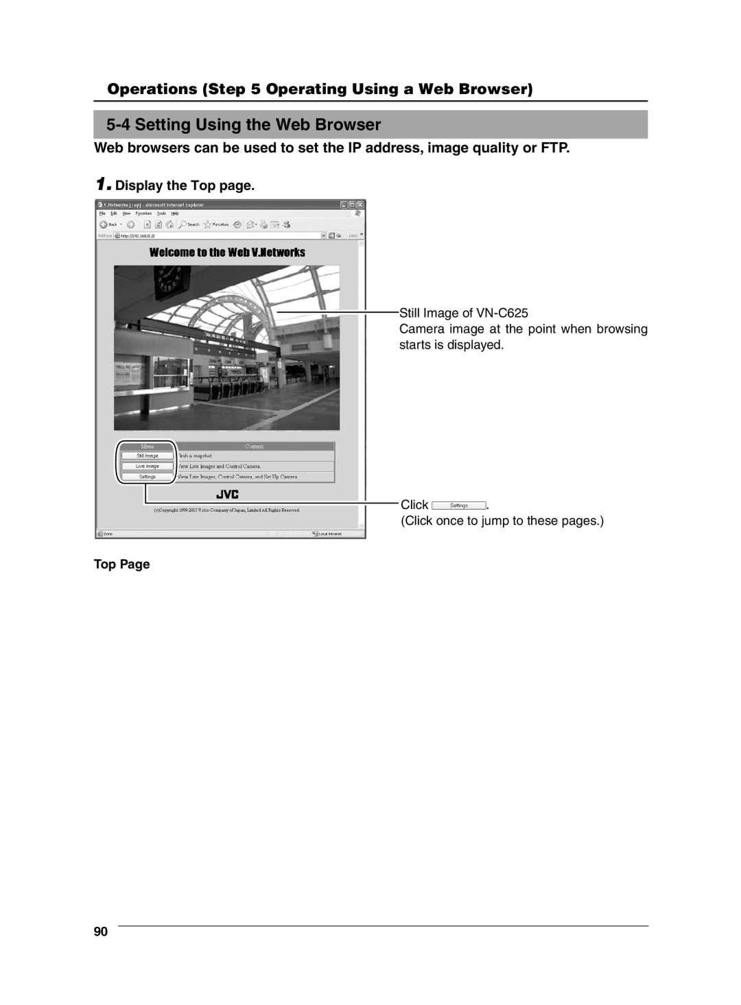 JVC VN-C625 manual Setting Using the Web Browser, Display the Top 