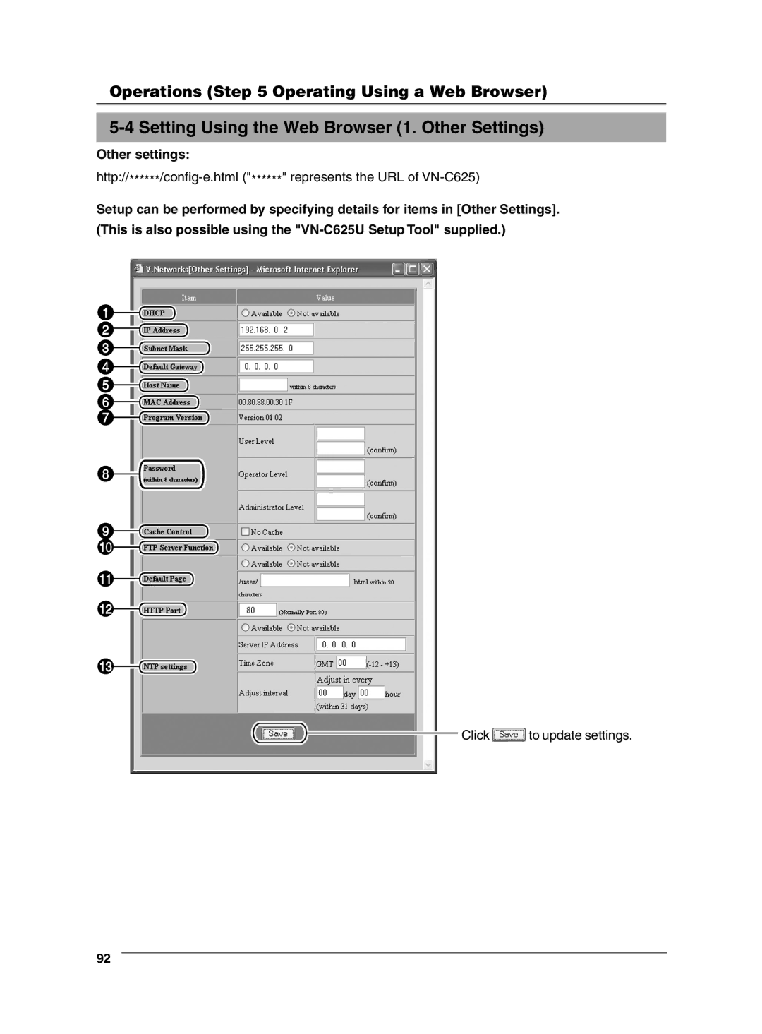 JVC VN-C625 manual Setting Using the Web Browser 1. Other Settings, Other settings 