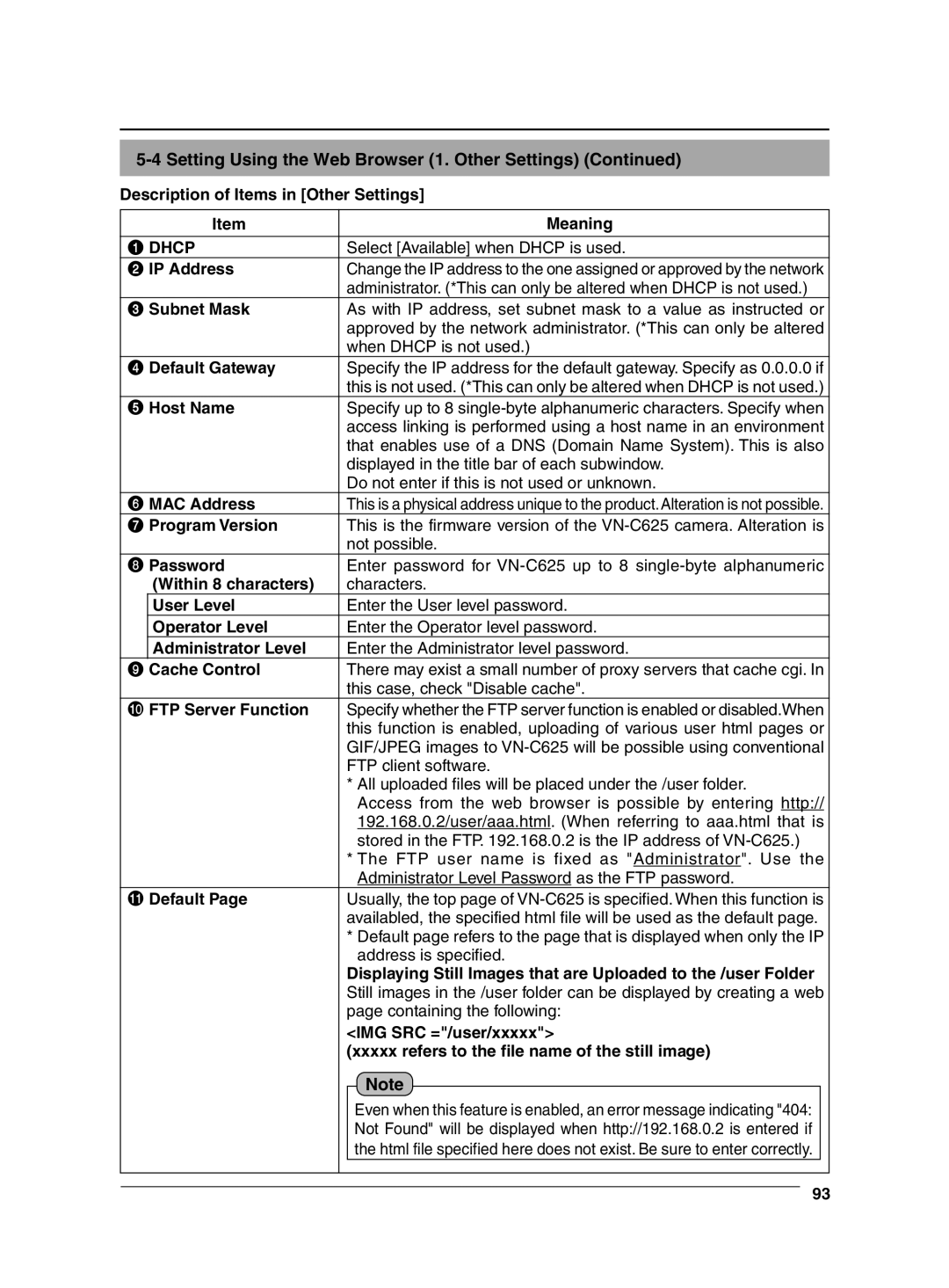 JVC VN-C625 manual Setting Using the Web Browser 1. Other Settings 