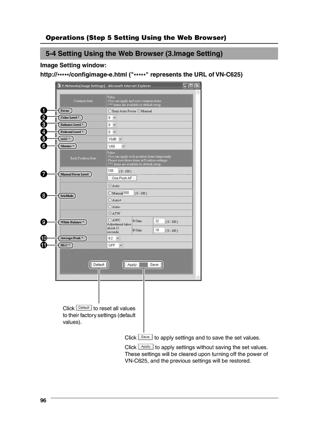 JVC VN-C625 manual Setting Using the Web Browser 3.Image Setting 