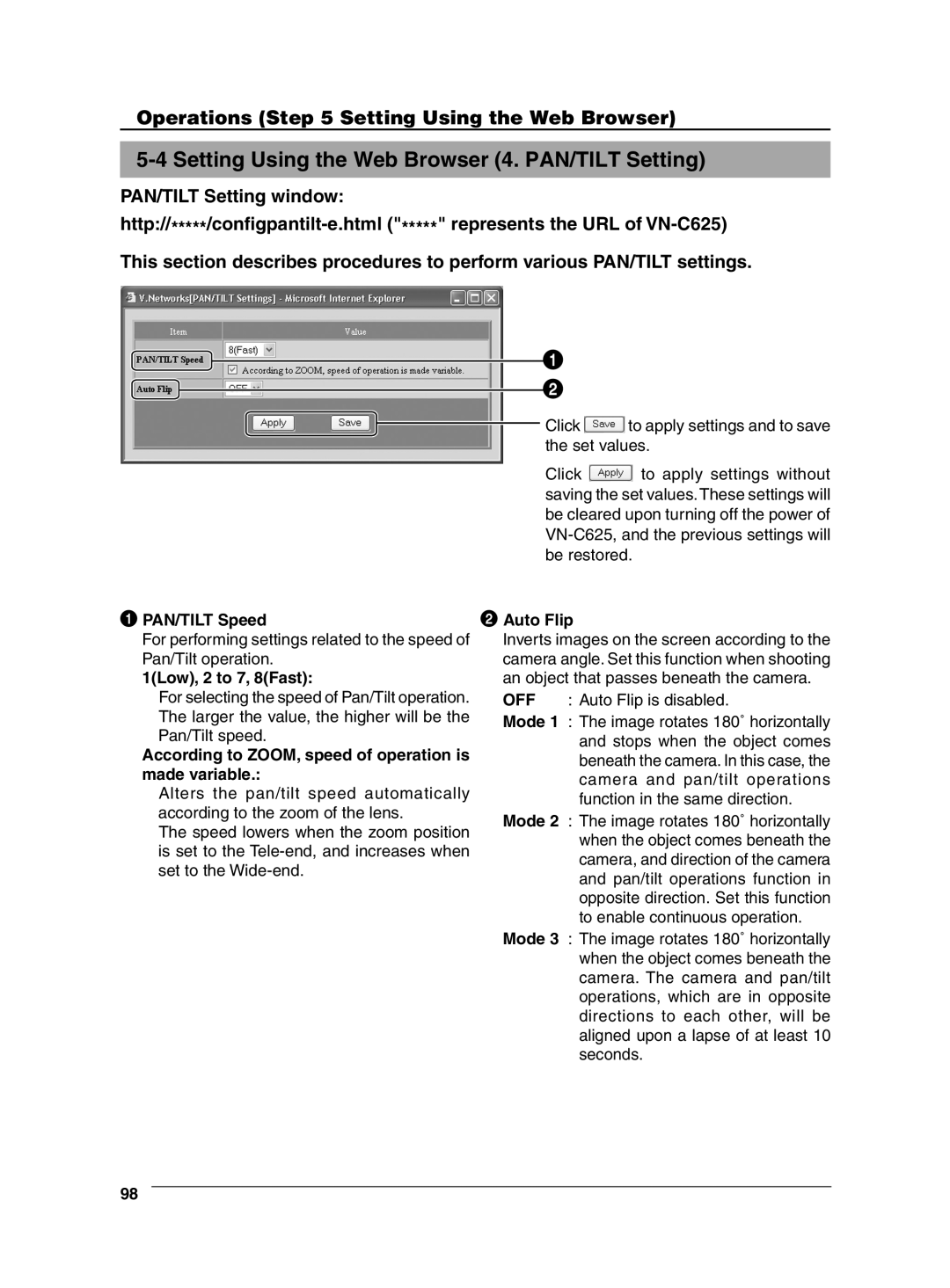 JVC VN-C625 manual Setting Using the Web Browser 4. PAN/TILT Setting, 1Low, 2 to 7, 8Fast 