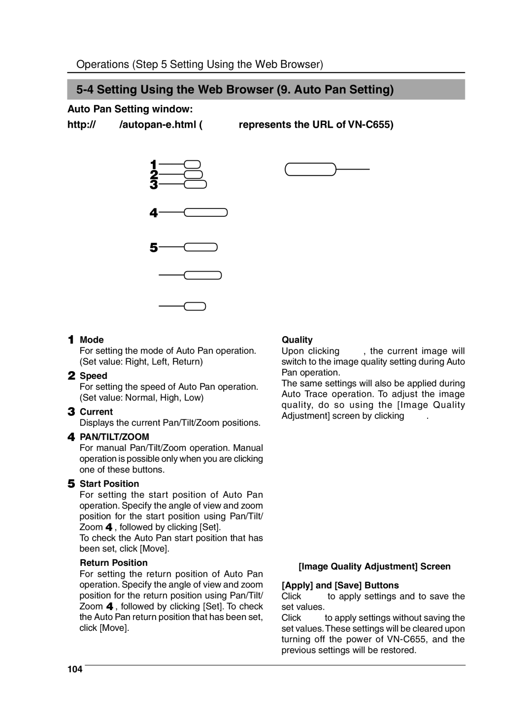 JVC VN-C655 manual Setting Using the Web Browser 9. Auto Pan Setting 