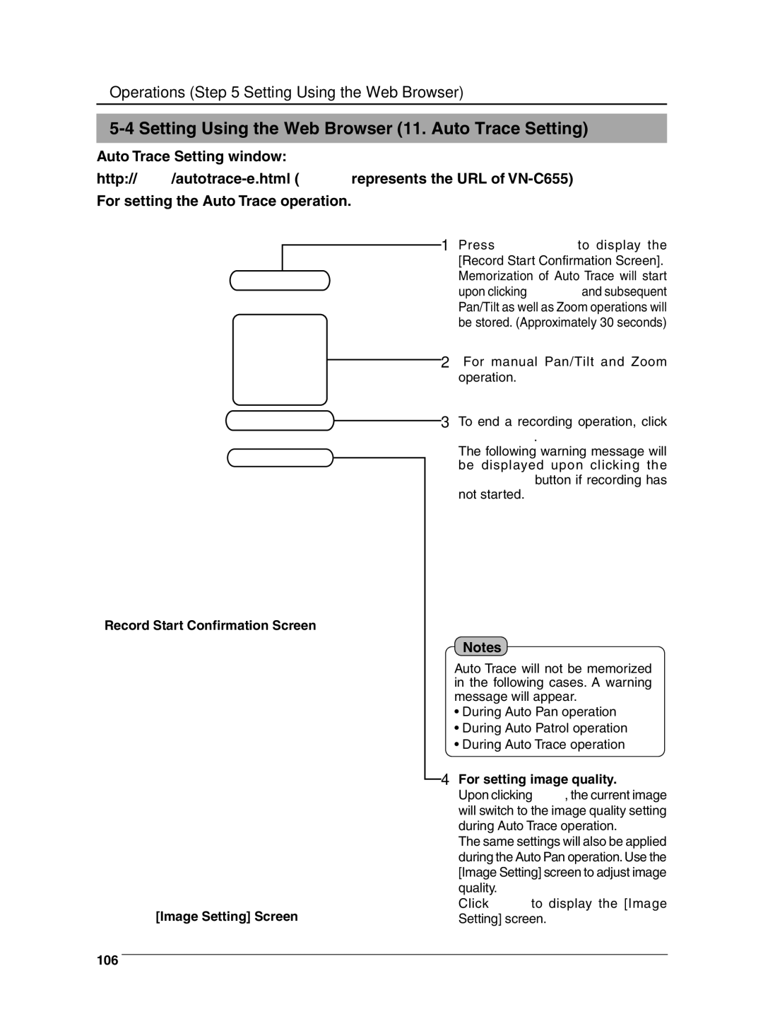 JVC VN-C655 Setting Using the Web Browser 11. Auto Trace Setting, Record Start Confirmation Screen Image Setting Screen 