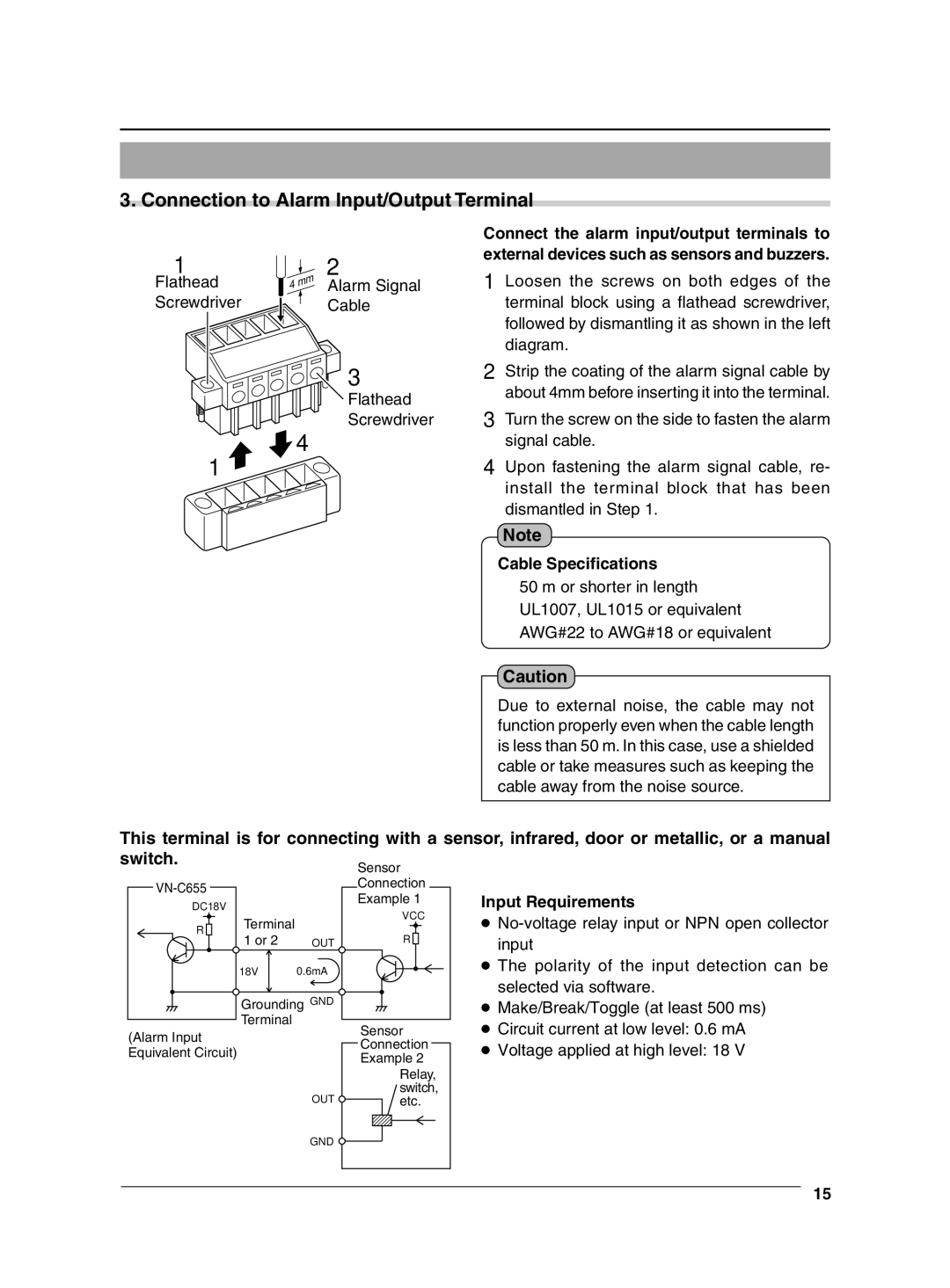 JVC VN-C655 manual Connection to Alarm Input/Output Terminal, Cable Specifications, Input Requirements 