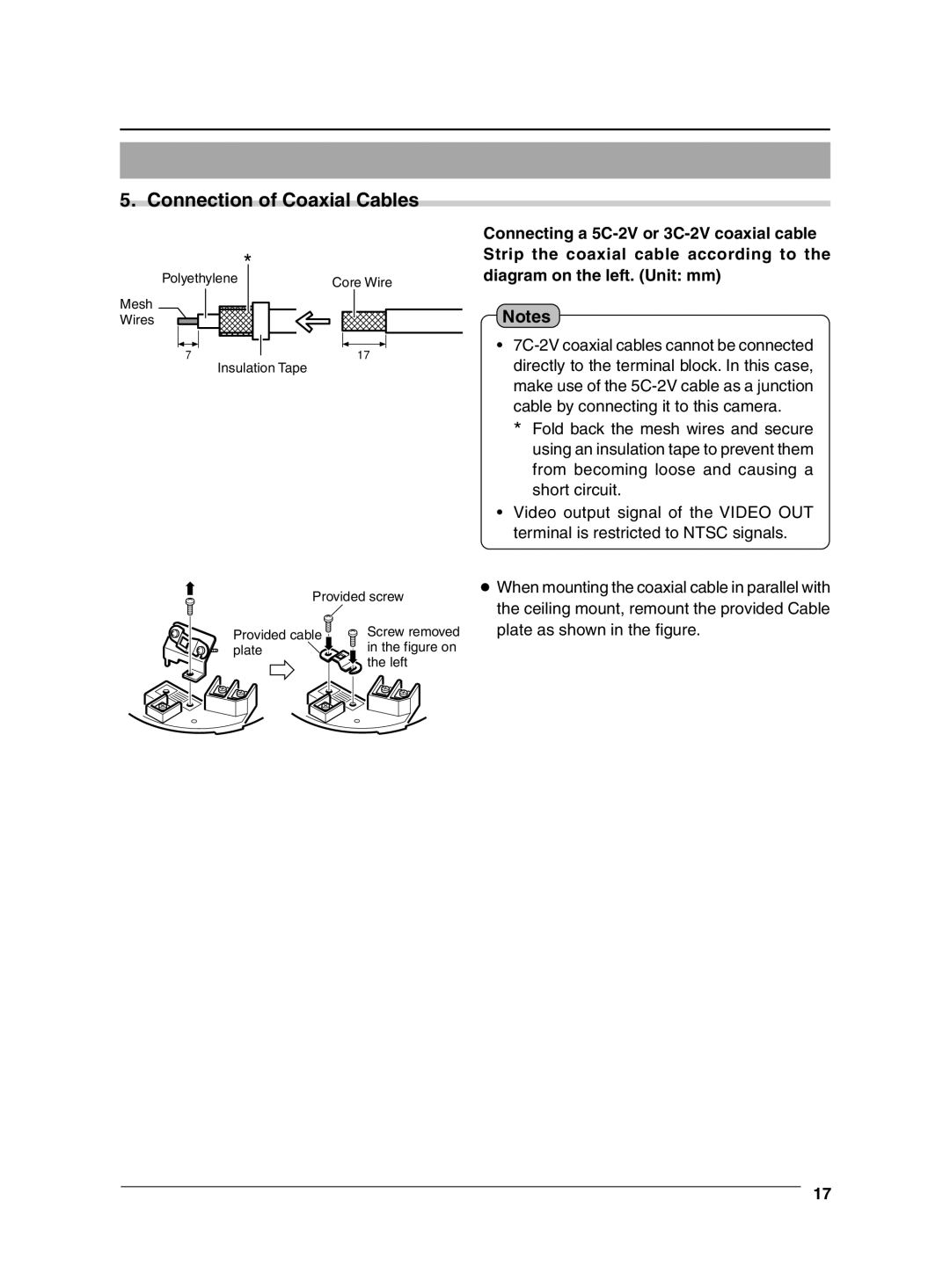 JVC VN-C655 manual Connection of Coaxial Cables, Connecting a 5C-2V or 3C-2V coaxial cable 